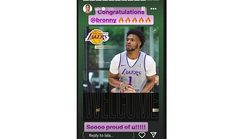 LaLa Anthony's Instagram story after James Jr. was drafted by the LA Lakers on Thursday. [photo: Anthony IG]