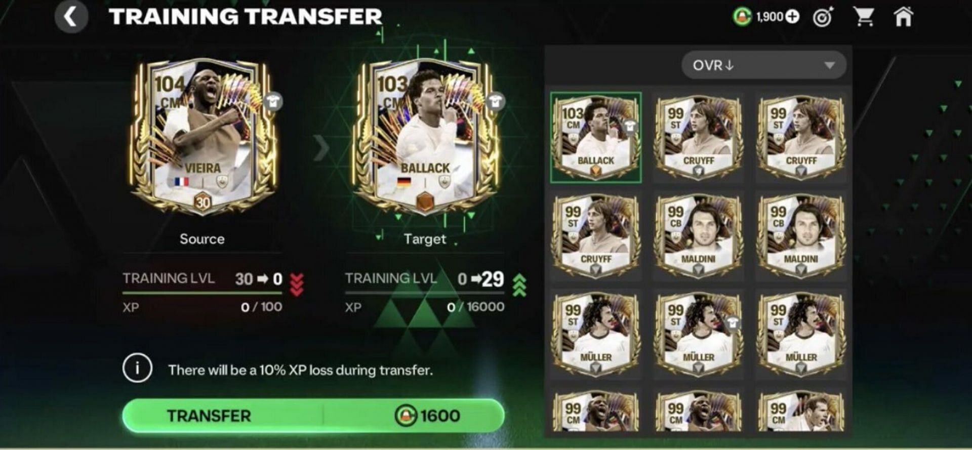 The new Training Transfer feature will help in bosting overall efficiency of an FC Mobile squad (Image via EA Sports)