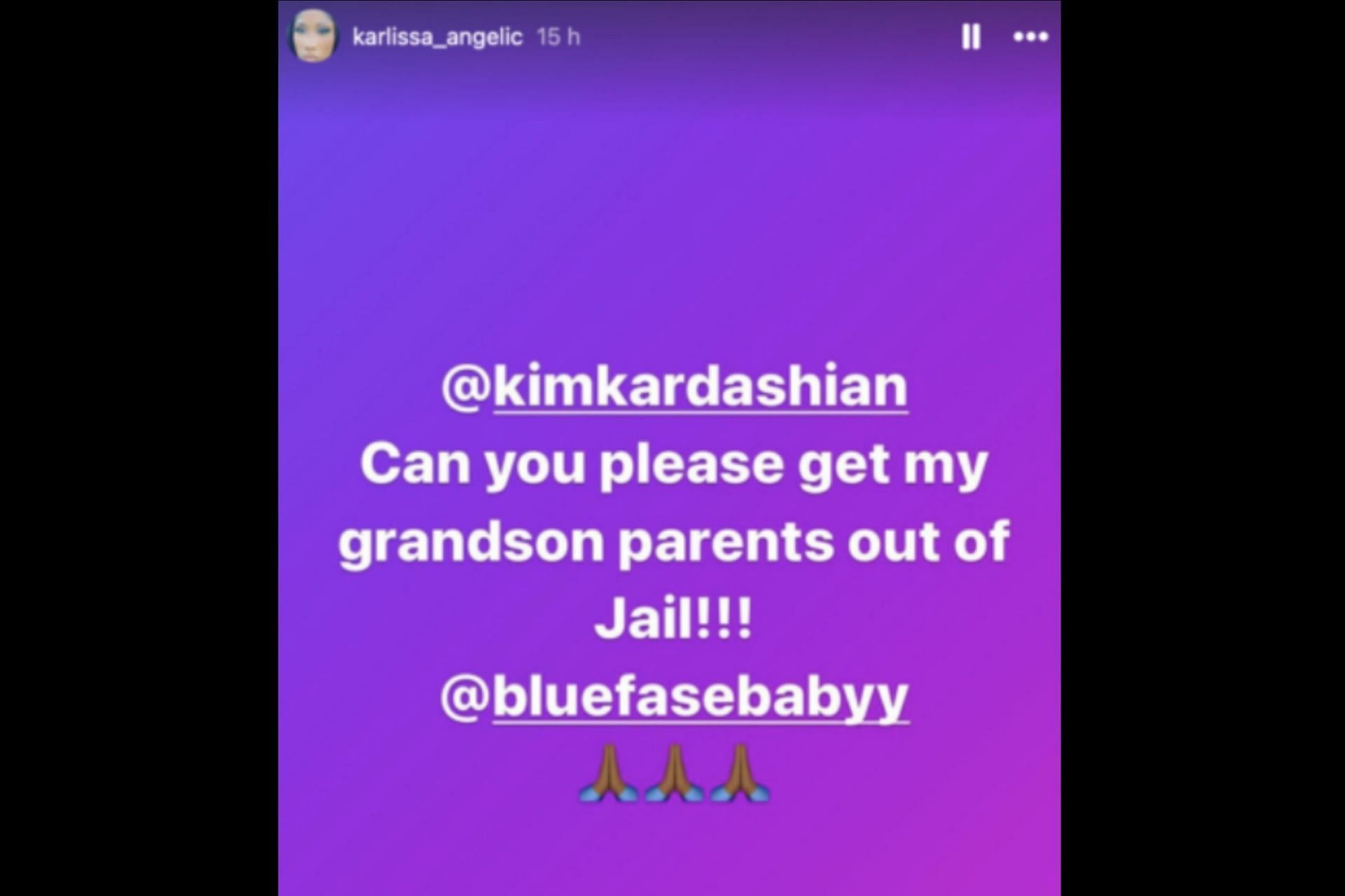 Blueface&#039;s mother requests Kim Kardashian to get Blueface and Chrisean Rock out of jail (Image via karlissa_angelic/Instagram)