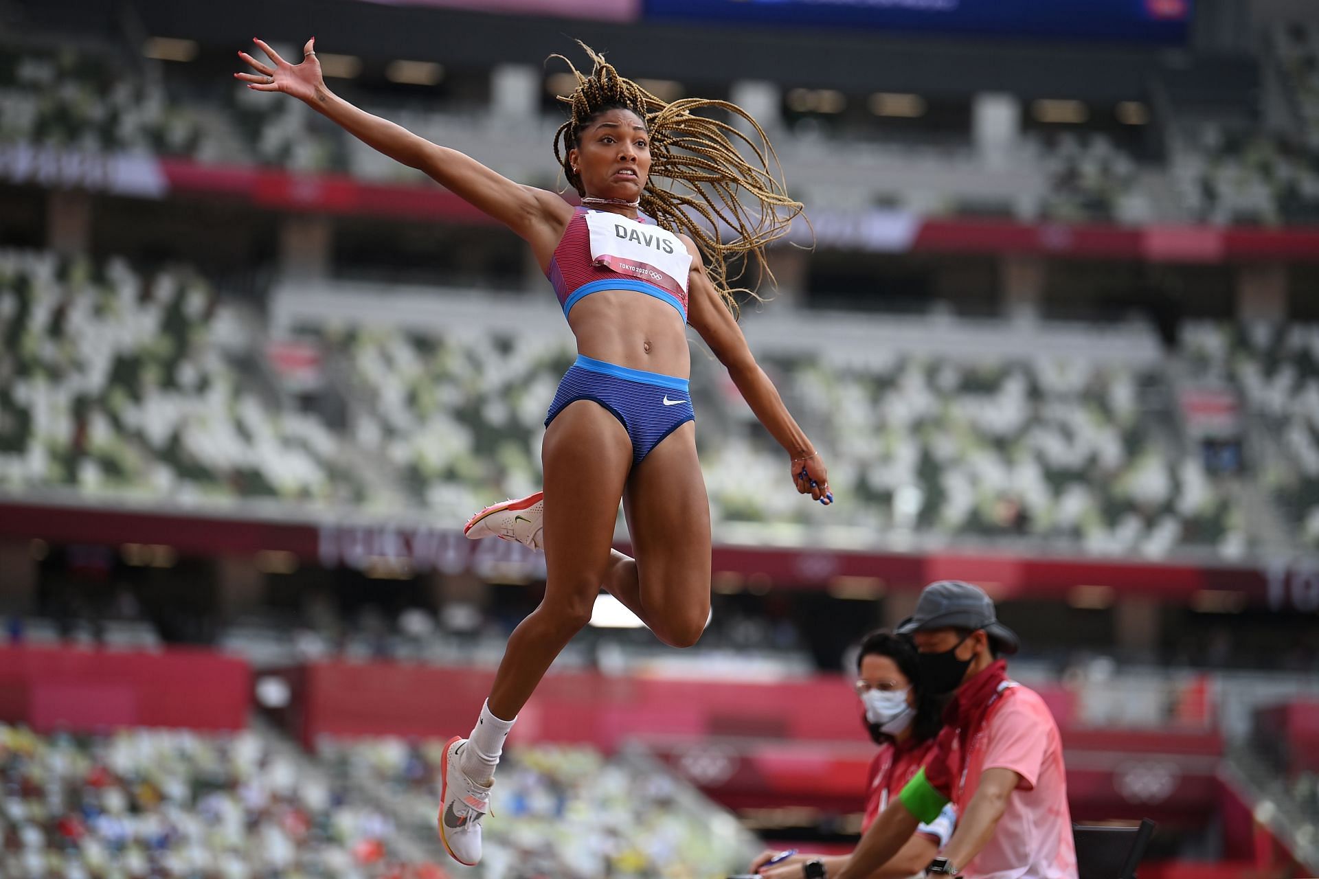 Tara Davis of Team United States competes in the Women&#039;s Long Jump Final on day eleven of the Tokyo 2020 Olympic Games at Olympic Stadium on August 03, 2021 in Tokyo, Japan. (Photo by Matthias Hangst/Getty Images)