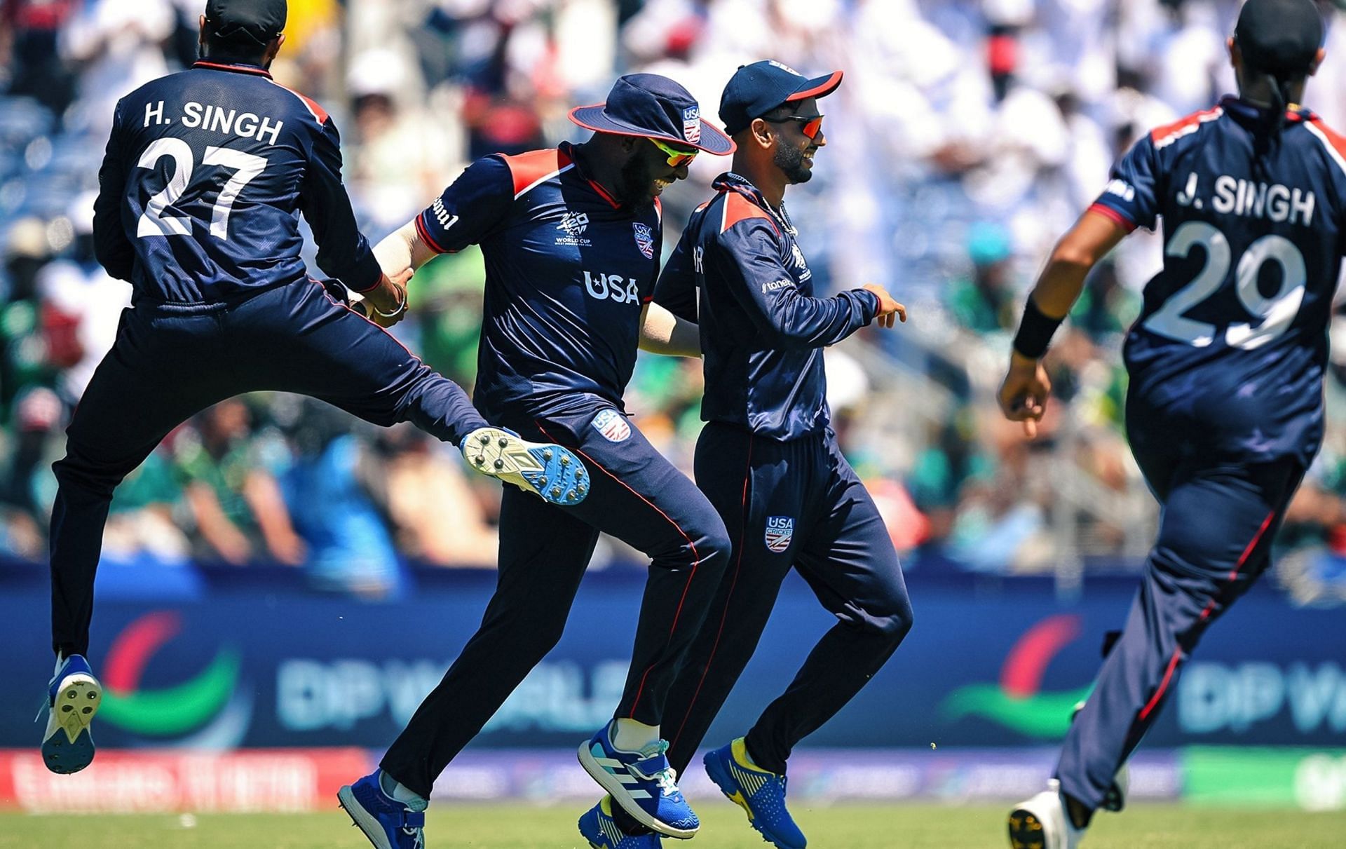 Celebrations in USA camp after win against Pakistan. (Image Credits: ICC)