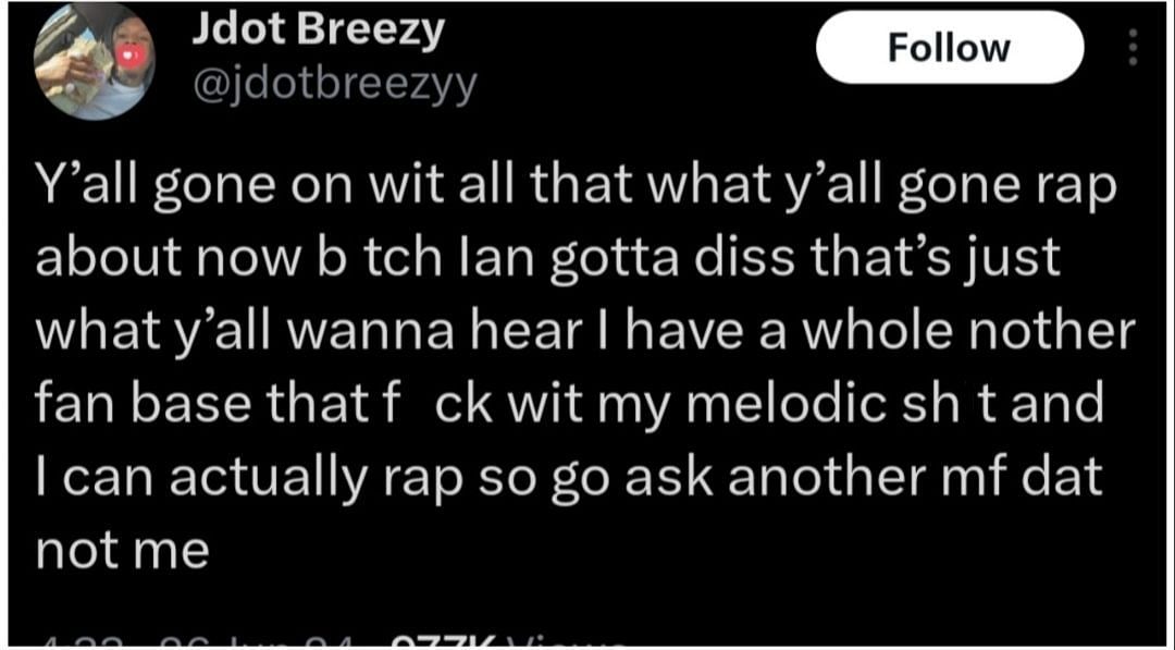 Jdot Breezy responds to netizens, (Image via @jdotbreezyy/X)