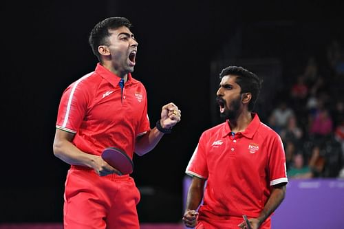 Harmeet Desai alongside Sathiyan Gnanasekaran in action at the Commonwealth Games