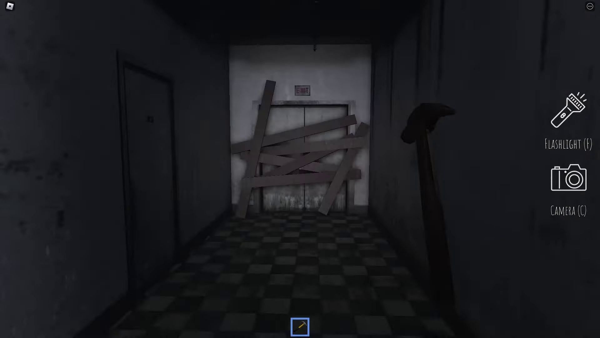 Using the hammer to break open the boards and escape (Image via Roblox || Josh Plays on YouTube)