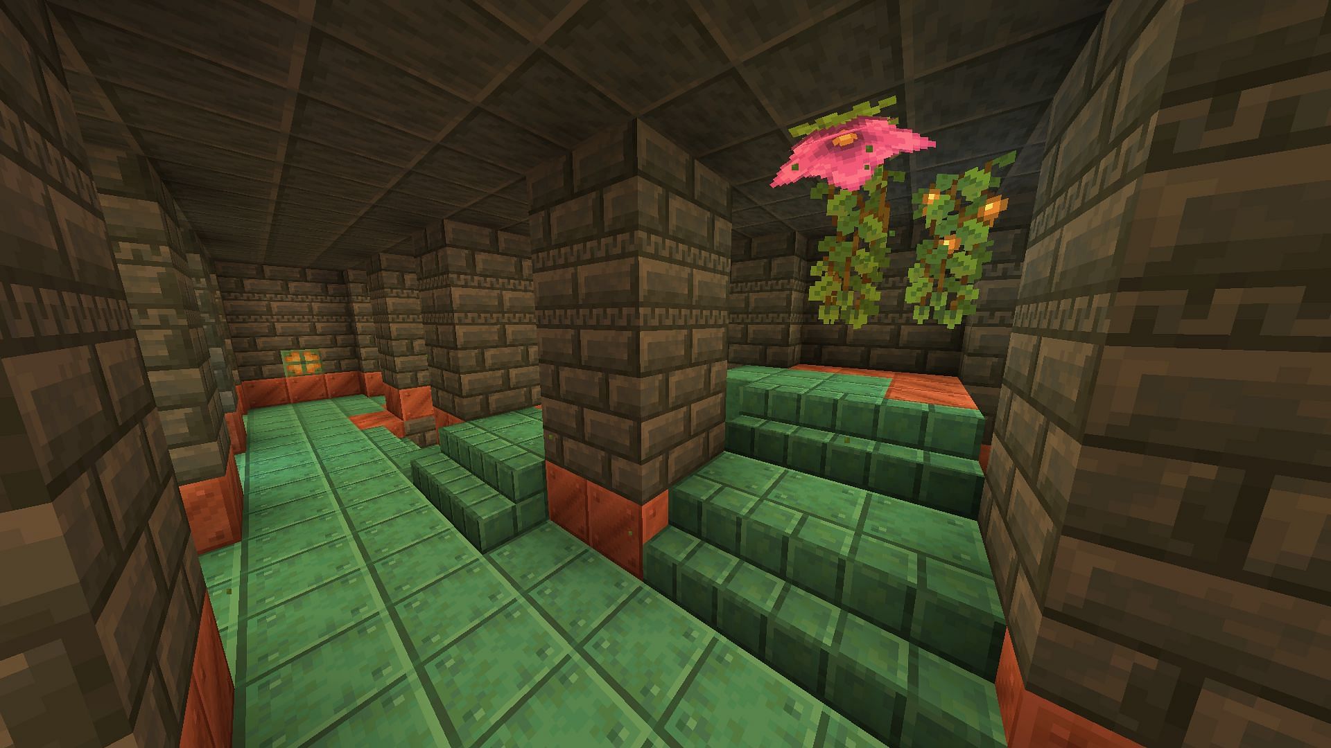 The trial chambers in this Minecraft seed have meshed with a lush cave (Image via Mojang)