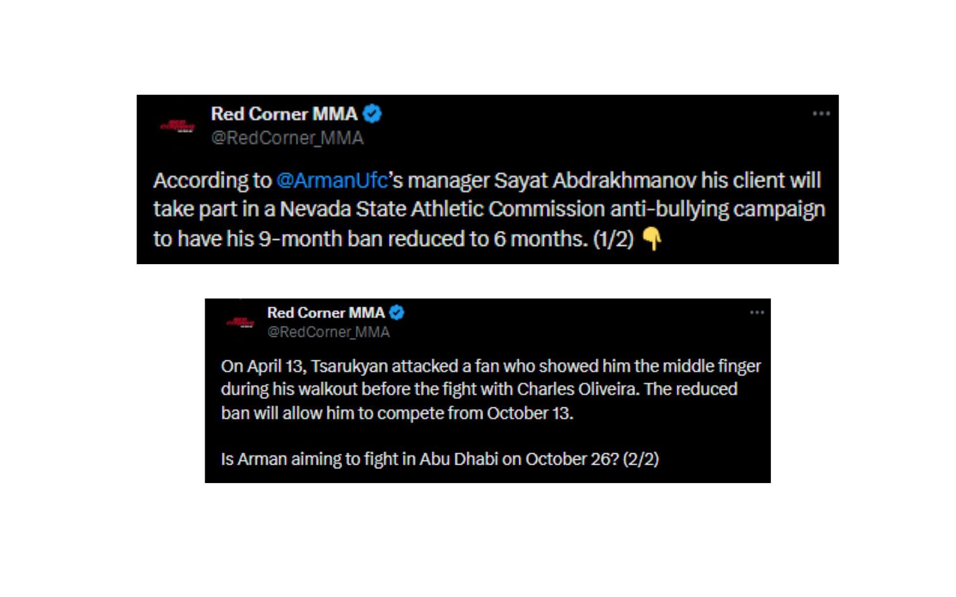 Red Corner MMA&#039;s tweet regarding Tsarukyan&#039;s suspension [Image courtesy: @RedCorner_MMA - X]