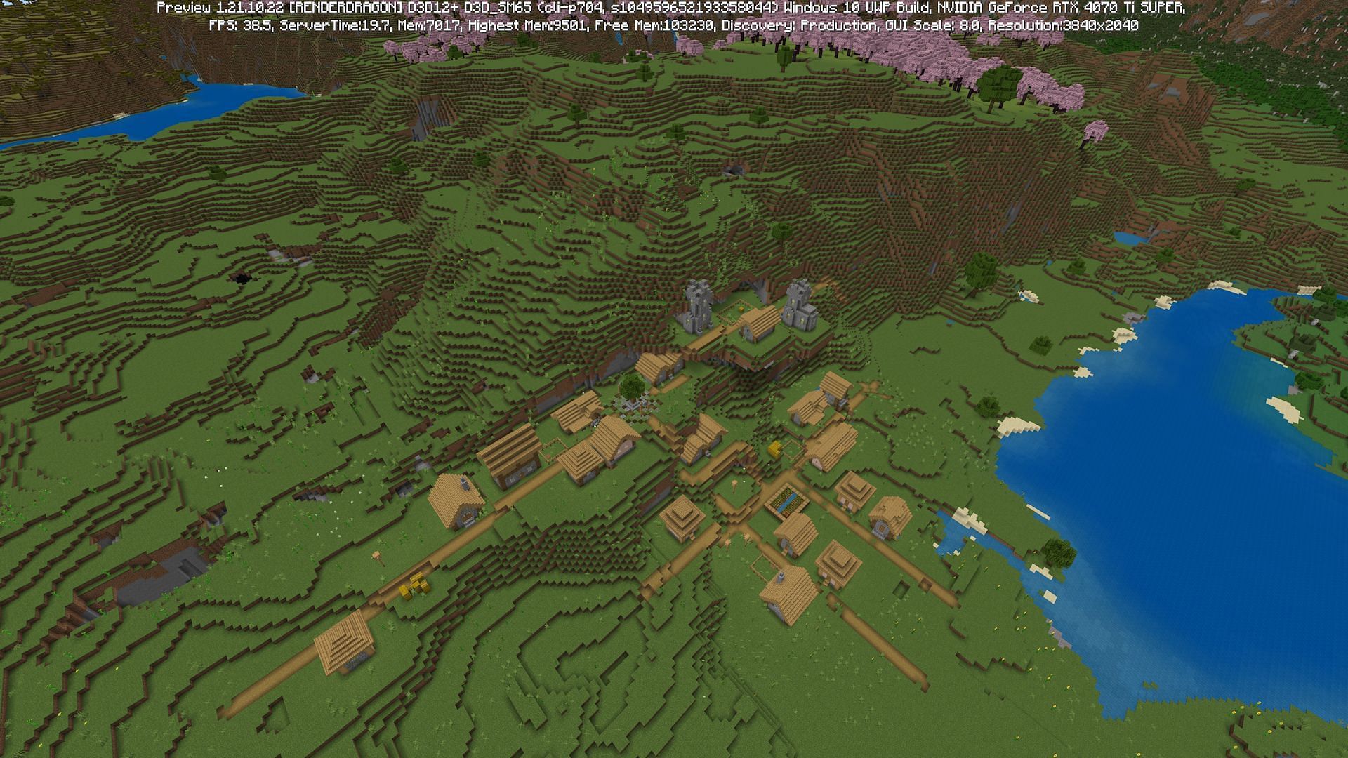 The large village found near the seed&#039;s cherry groves (Image via Mojang)