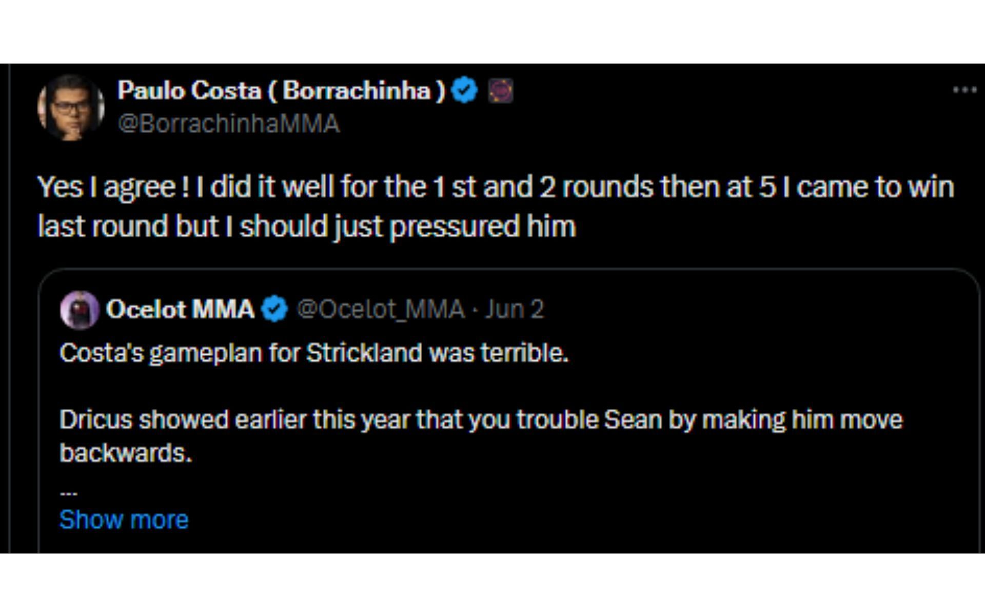 Costa's response to Ocelot MMA's tweet [Image courtesy: @BorrachinhaMMA - X]