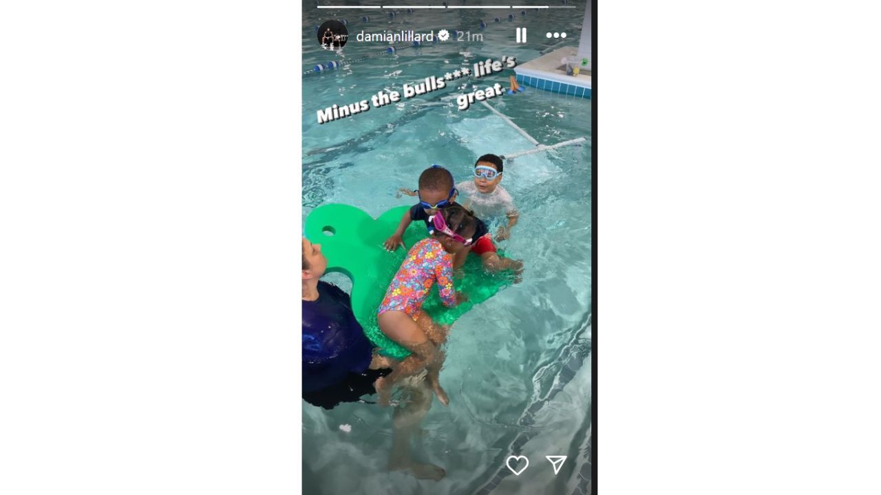 Damian Lillard&#039;s Instagram story shows his twins having fun in the swimming pool. [photo: Lillard IG]