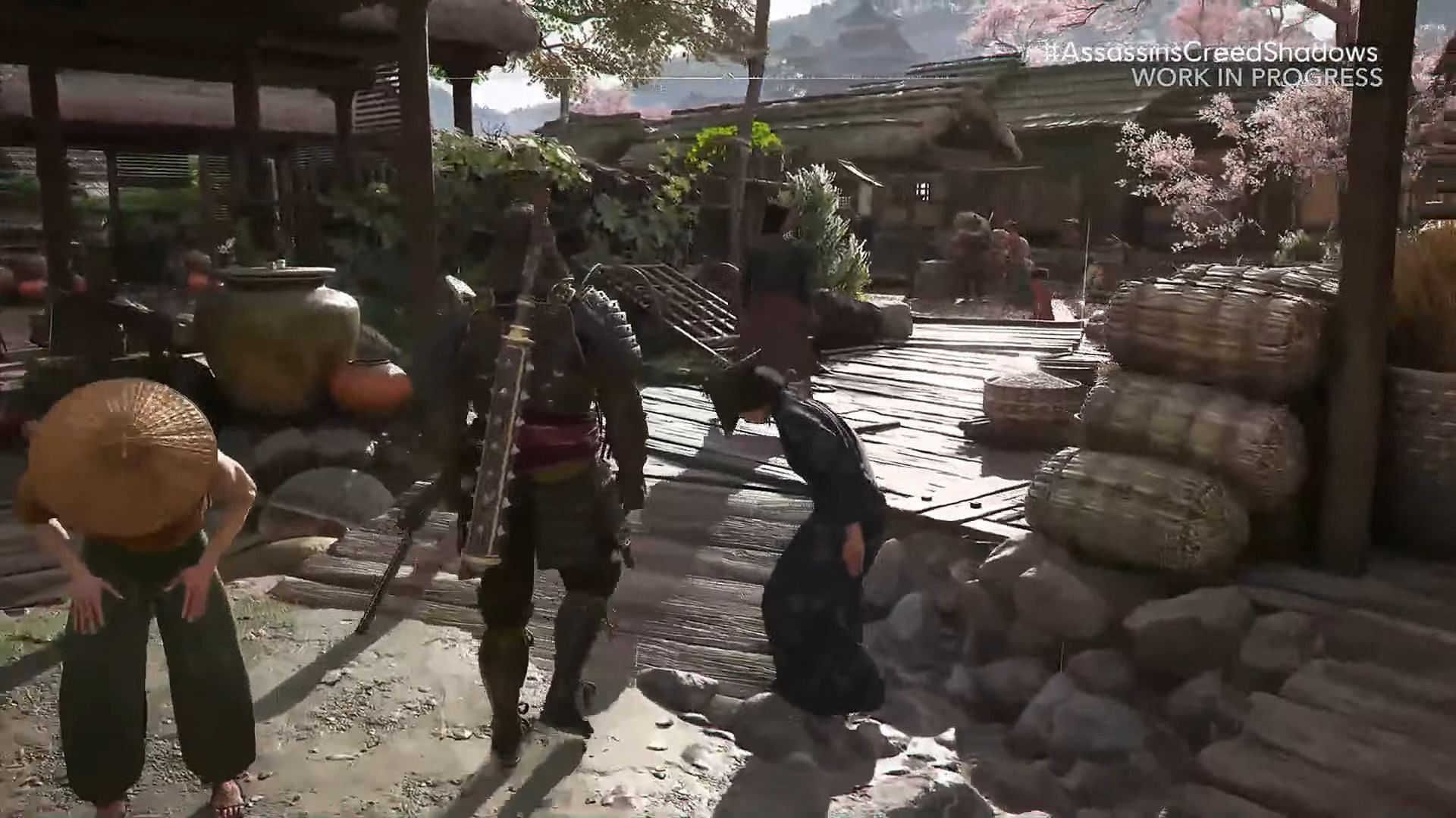 The townspeople bow to Yasuke (Image via Ubisoft)