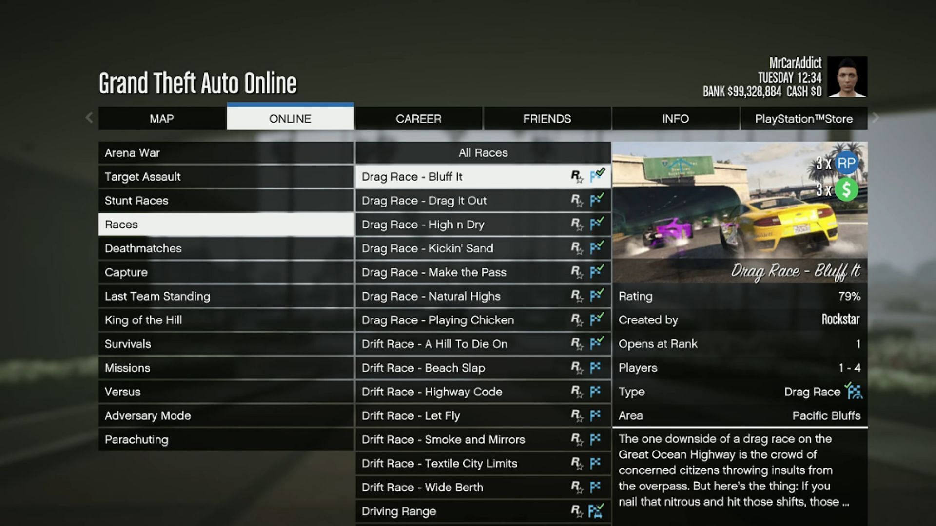 Drift and Drag Races playlist in the pause menu (Image via Rockstar Games || YouTube/Digital Car Addict)