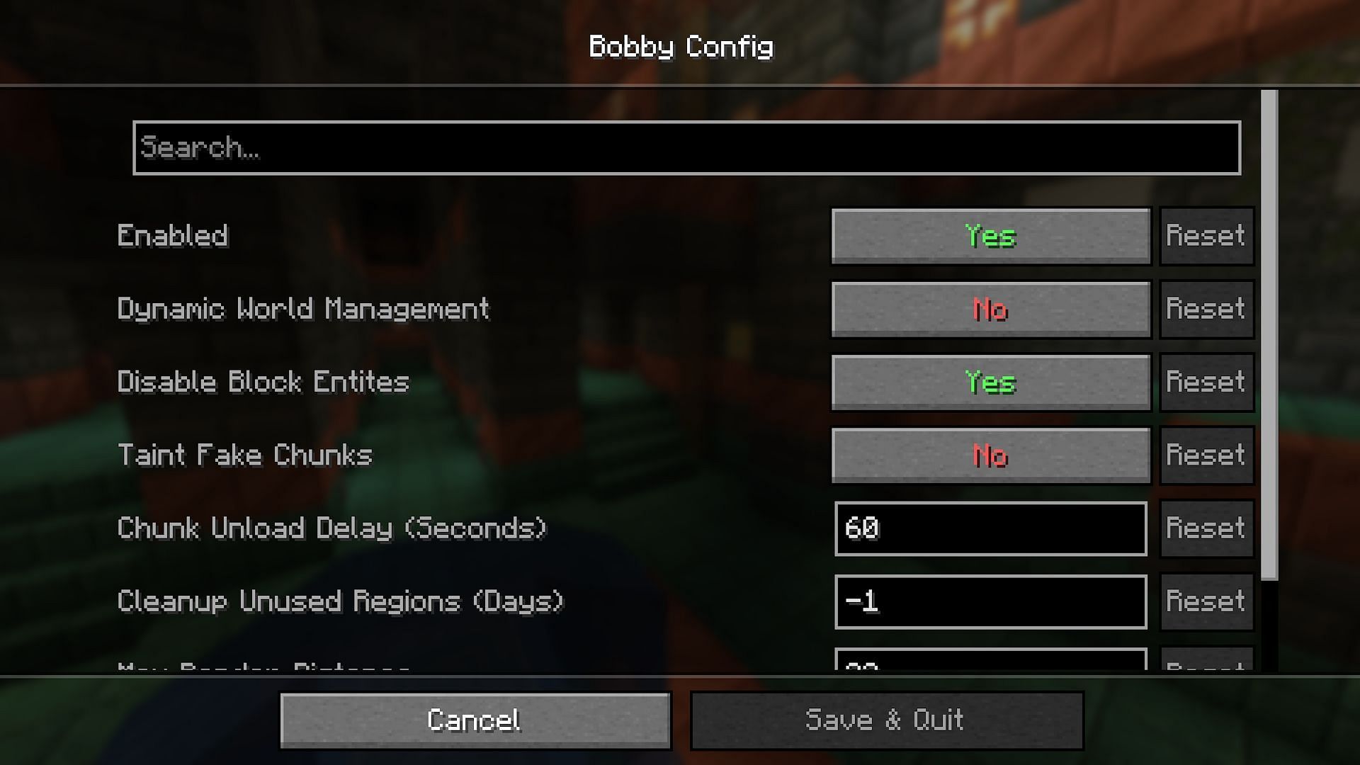 Bobby mod&#039;s in-game config menu (Image via Mojang)