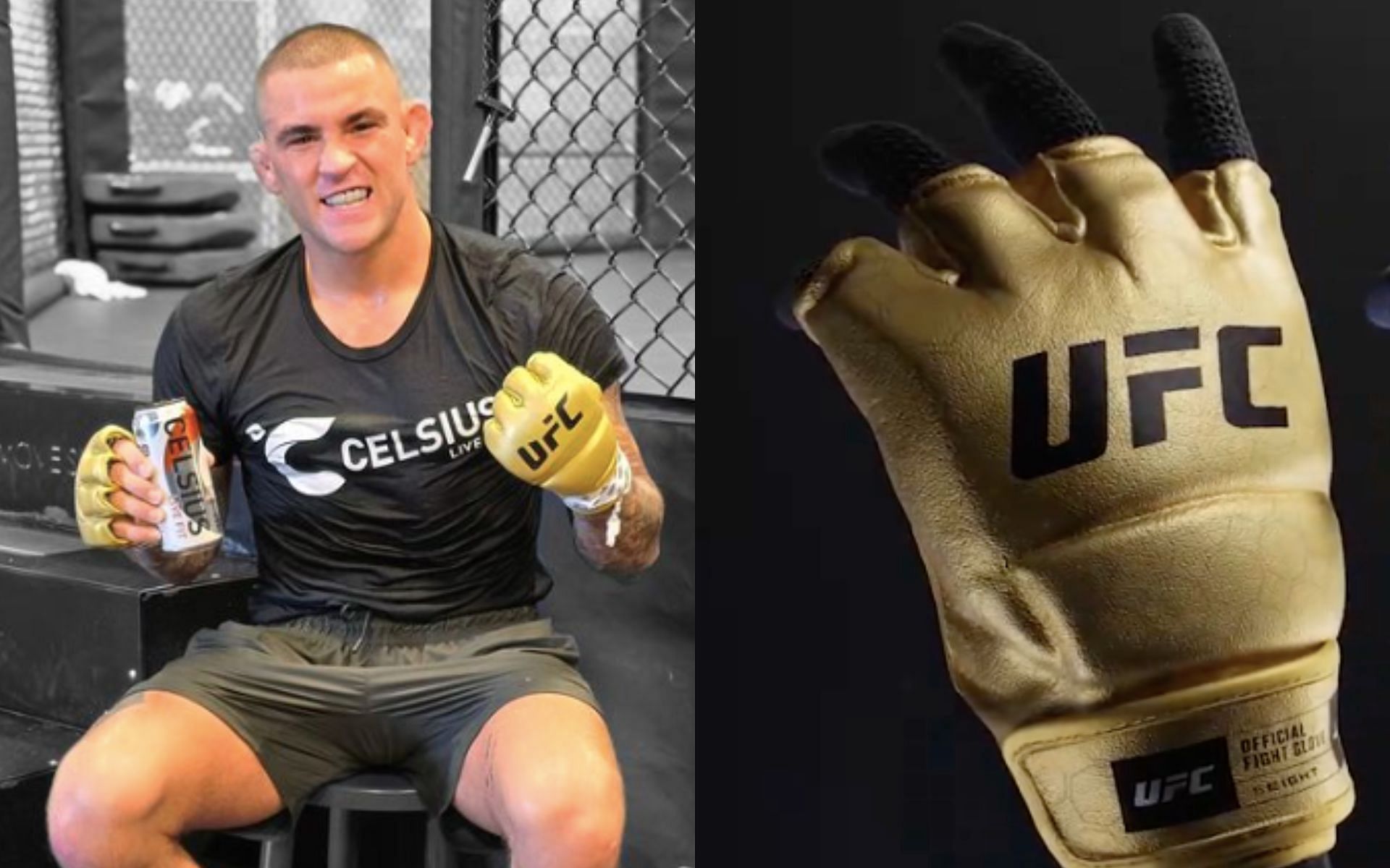 Former MMA referee sounds off on new UFC gloves (right), Dustin Poirier and others join in [Image courtesy: @dustinpoirier (left) on Instagram and @aaronbronsteter on X via UFC YT broadcast] 