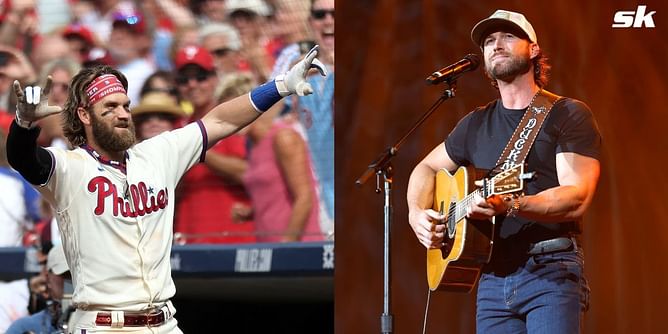 In Photos: Phillies superstar Bryce Harper shares big laughs with country singer Riley Green before concert at Citizens Bank Park
