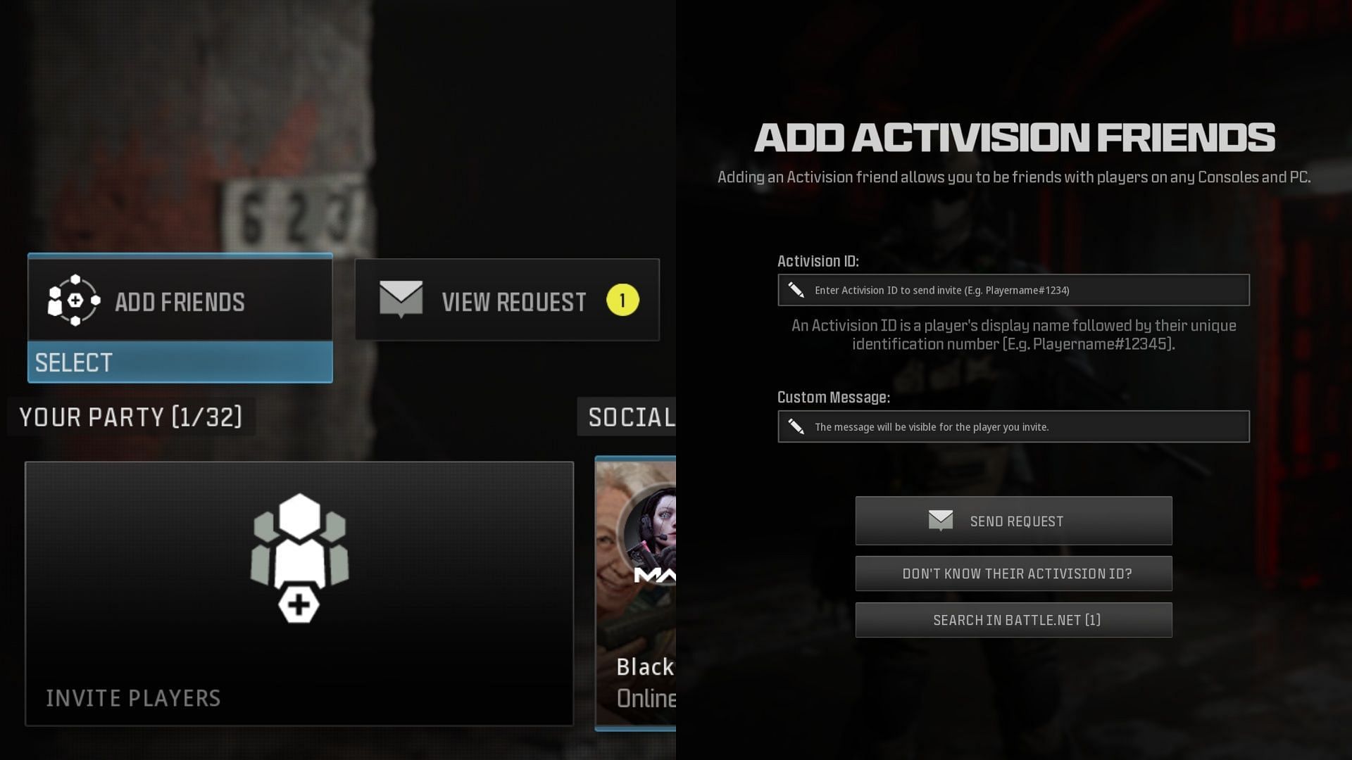 Add friends option inside the Social menu (Image via Activision)