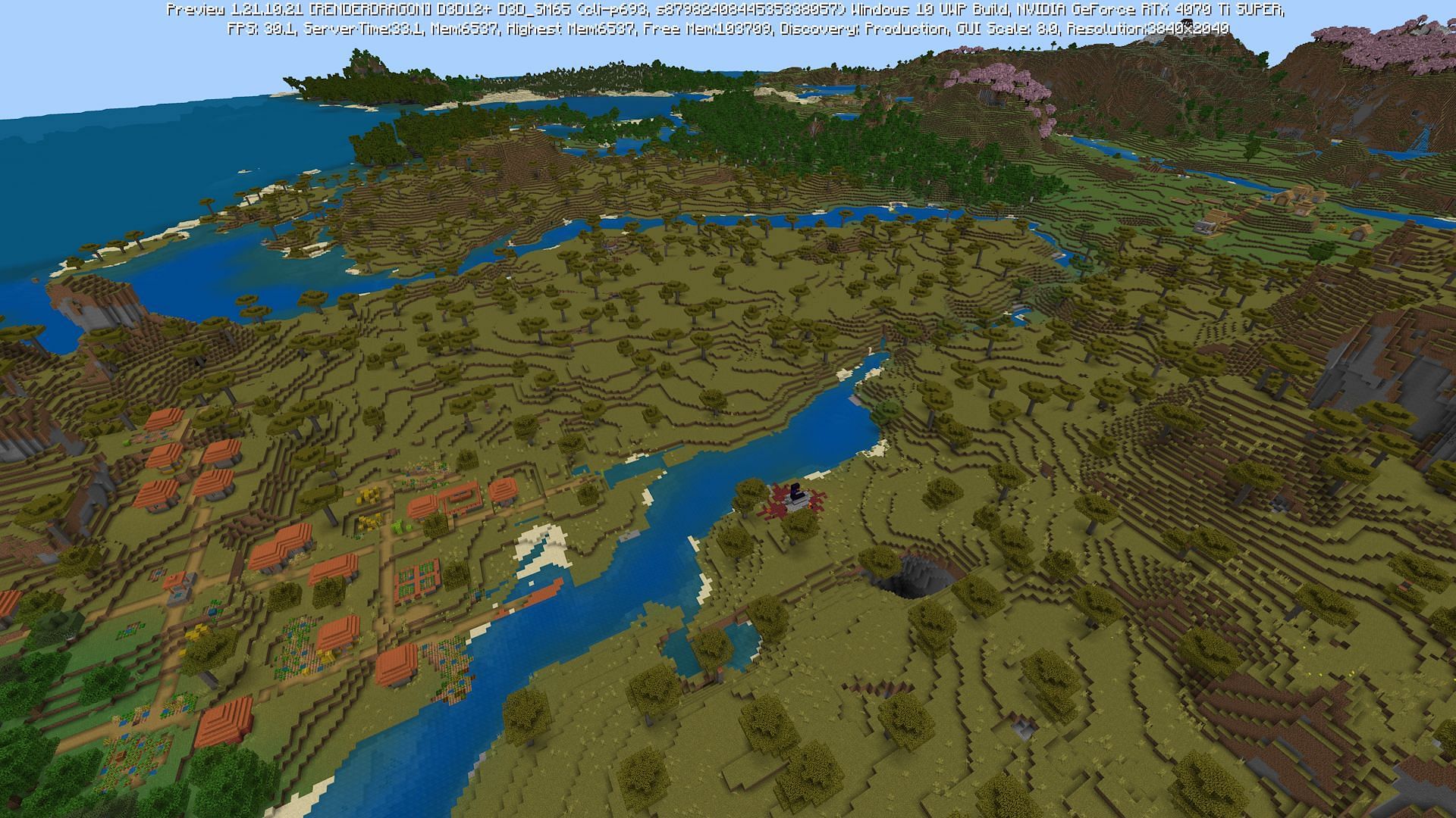 Two of the four spawn Minecraft villages, along with a ruined portal (Image via Mojang)