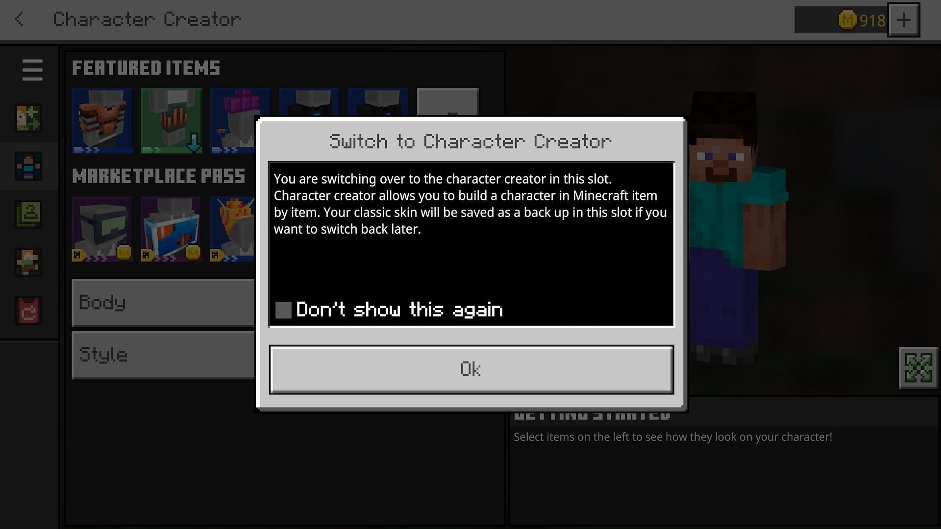 The prompt to switch to the Character Creator (Image via Mojang)