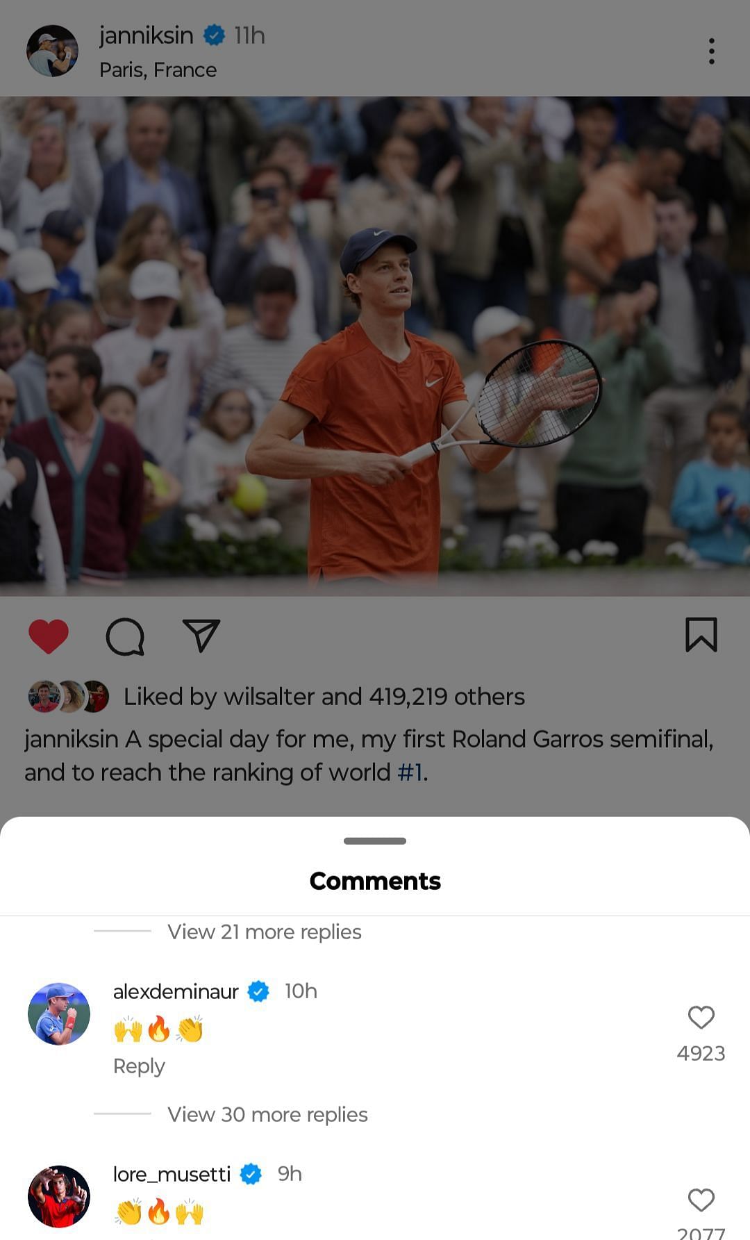 Alex de Minaur and Lorenzo Musetti's show of support to Jannik Sinner. (Instagram @janniksin)