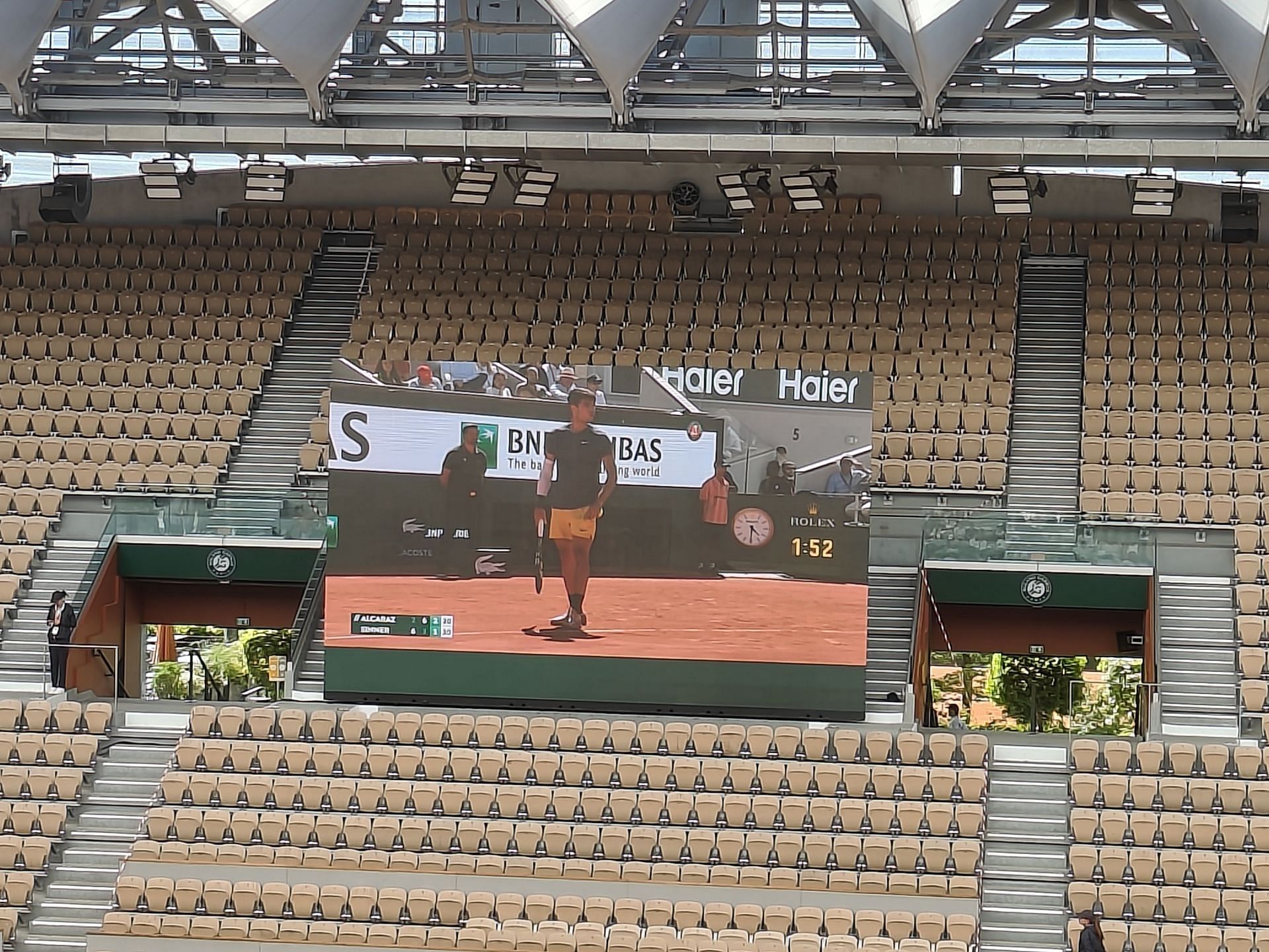 The semi-final being shown on the big screen on Court Suzanne Lenglen at the French Open