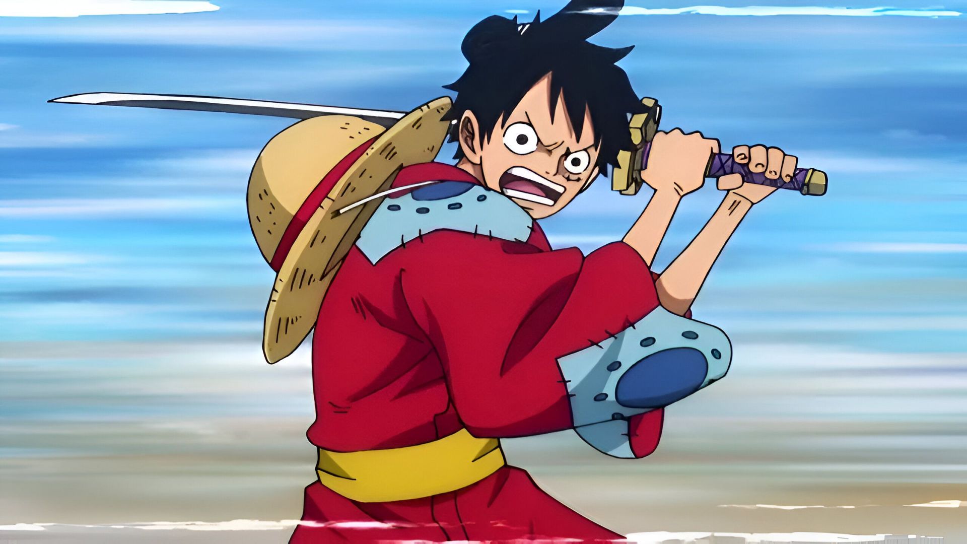 Luffy using Nidai Kitetsu like a bat (Image via Toei Animation)