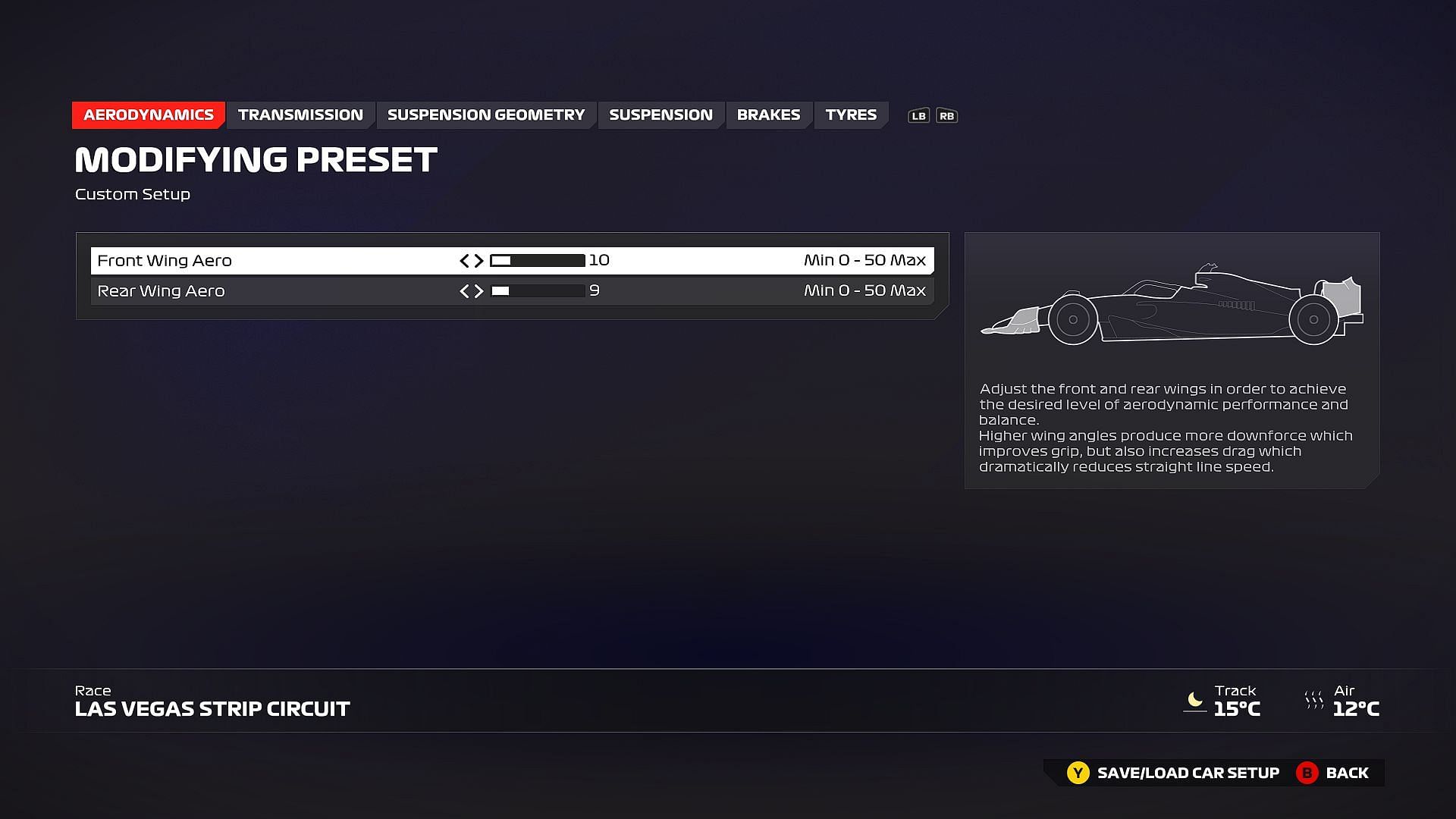 Recommended aerodynamics setup for Las Vegas Strip Circuit (Image via EA Sports)