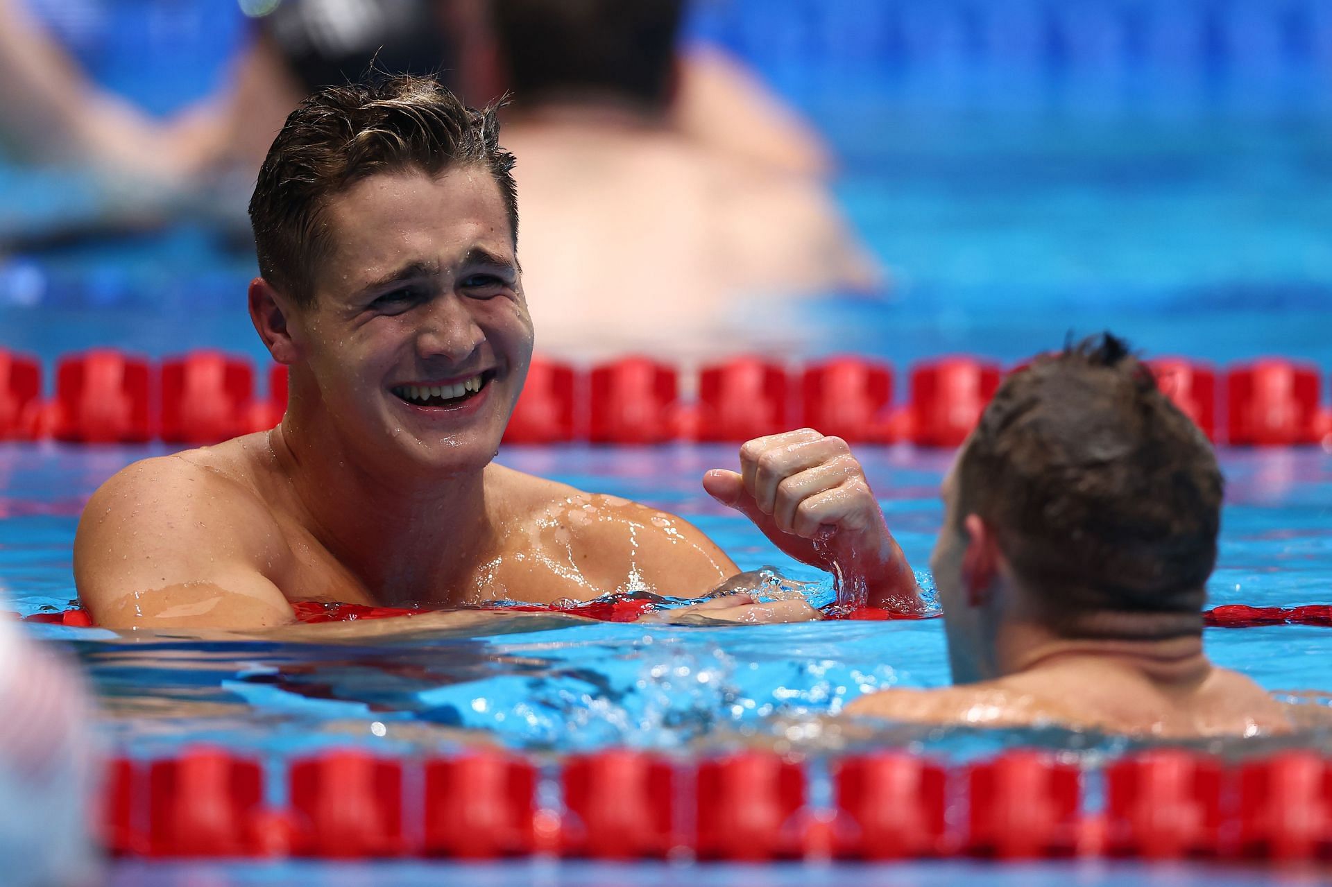 Ryan Murphy celebrates after the Men&#039;s backstroke final at the 2024 U.S. Olympic Team Swimming Trials in Indianapolis, Indiana.