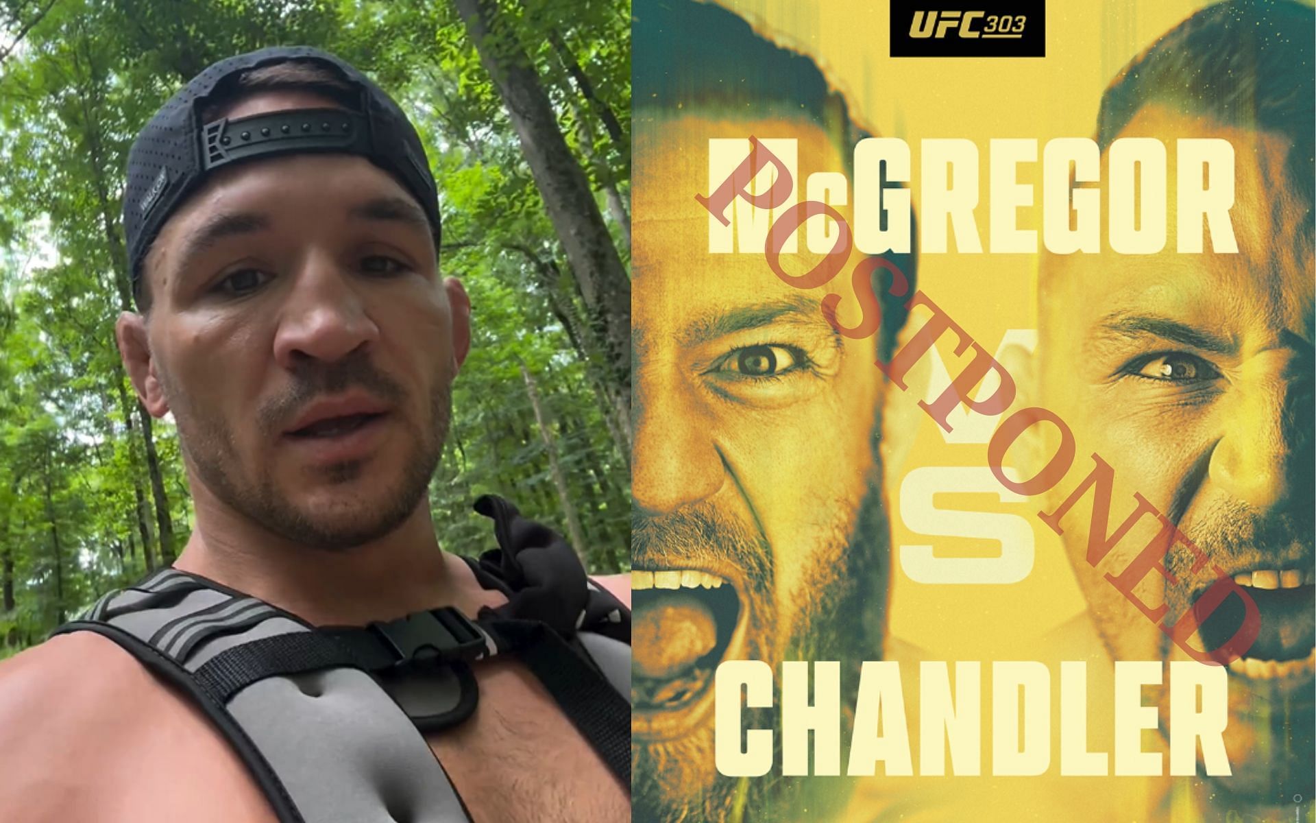Michael Chandler (left) finally addresses the cancelation of the main event of UFC 303 (right). [Image credit: @mikechandlermma and @ufc on Instagram]