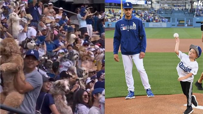 WATCH: Joe Kelly & son Knox have a blast watching adorable dogs in costume contest at Dodger stadium