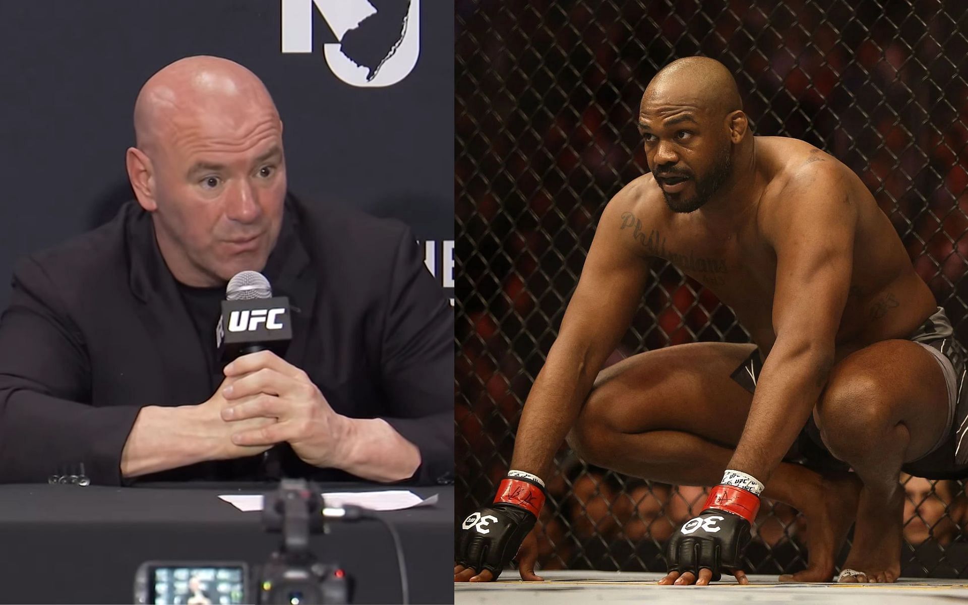 Dana White (left) labels Jon Jones (right) as the GOAT of any combat sport athlete in epic rant [Images courtesy: Getty Images and @ufc on YouTube]