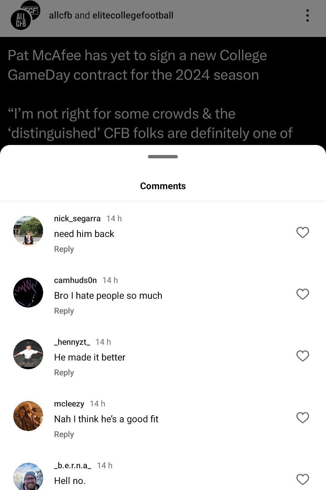 Elite College Football&#039;s IG comment section