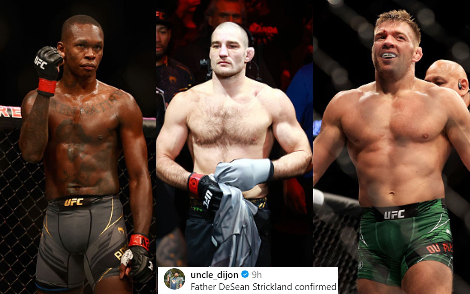 Sean Strickland (center) trolls Israel Adesanya (left) and Dricus du Plessis (right) after UFC 305 announcement