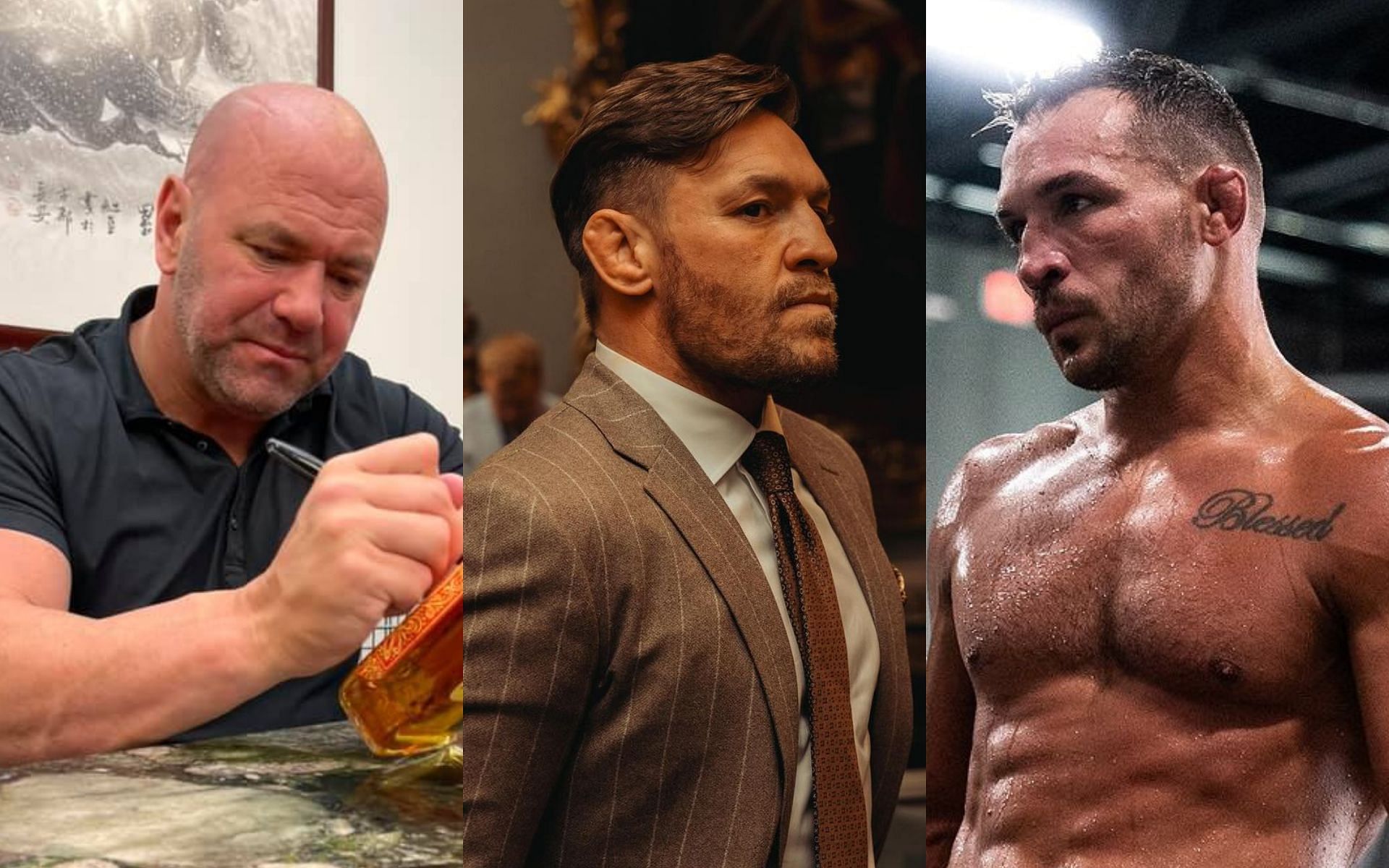 Dana White (left) addresses Conor McGregor (middle) pulling out of the fight against Michael Chandler (right) [Images courtesy @thenotoriosmma and @mikechandlermma on Instagram]