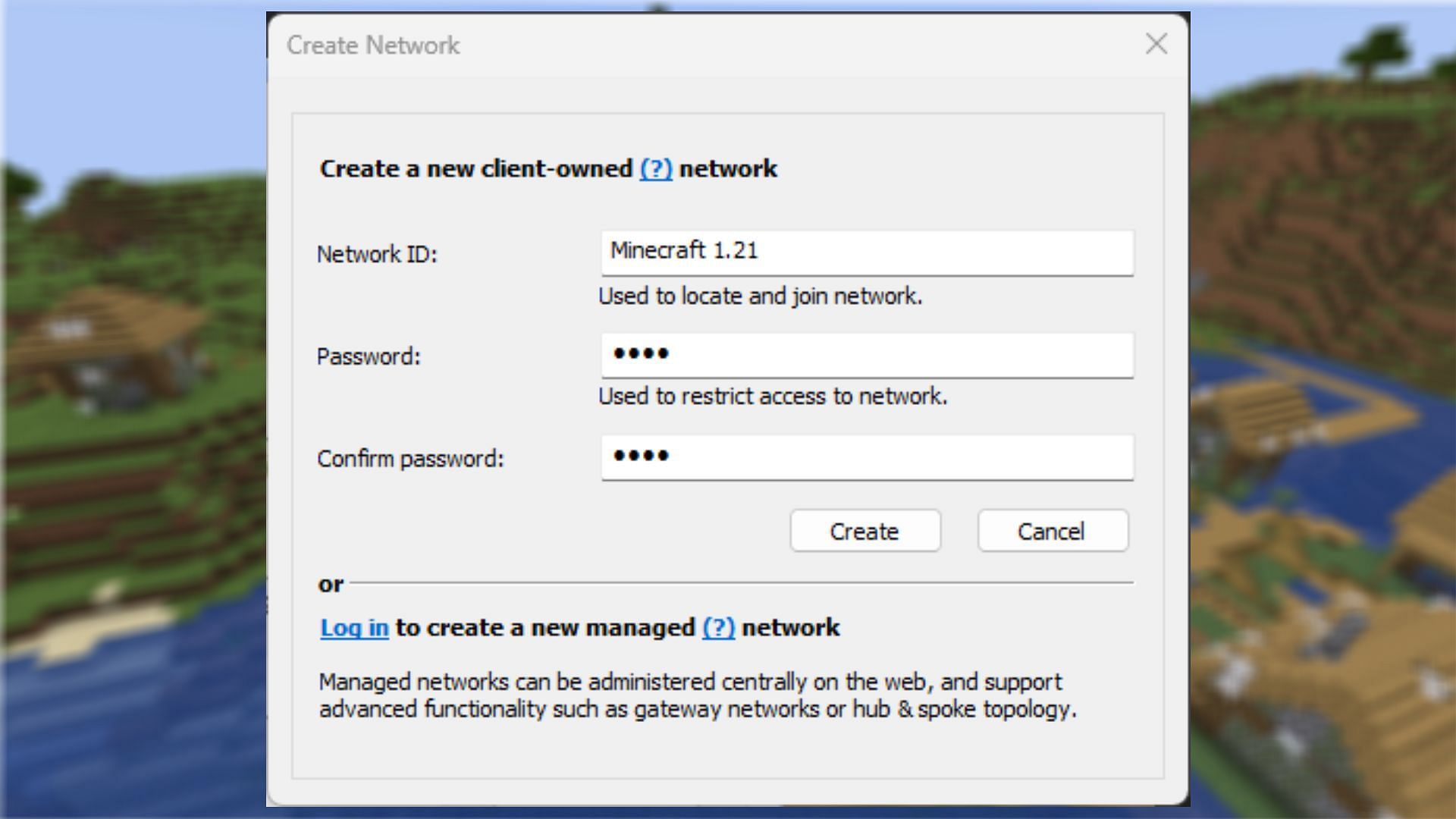 The create network screen on Hamachi (Image via LogMeIn)