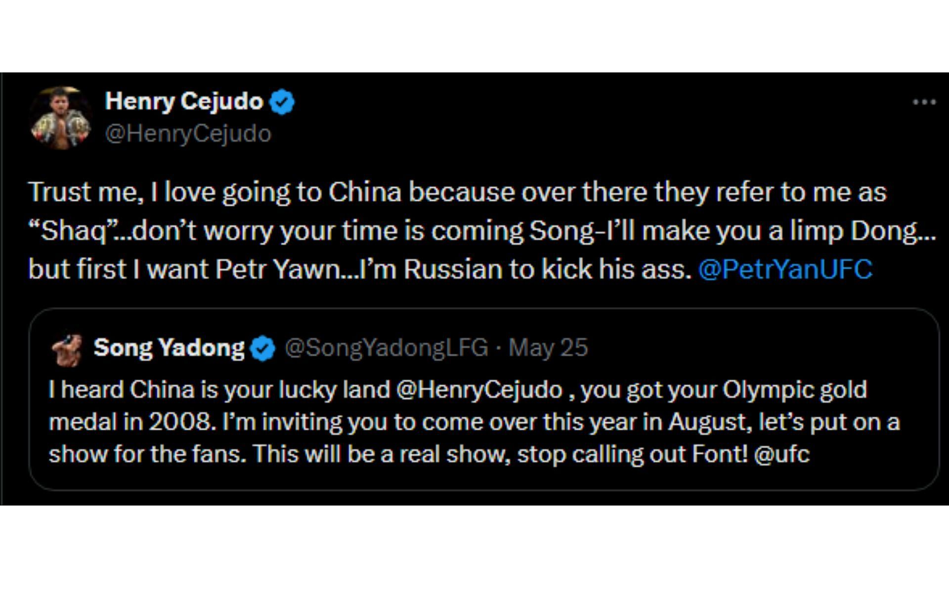 Cejudo&#039;s tweet regarding Yadong and Yan [Image courtesy: @HenryCejudo - X]