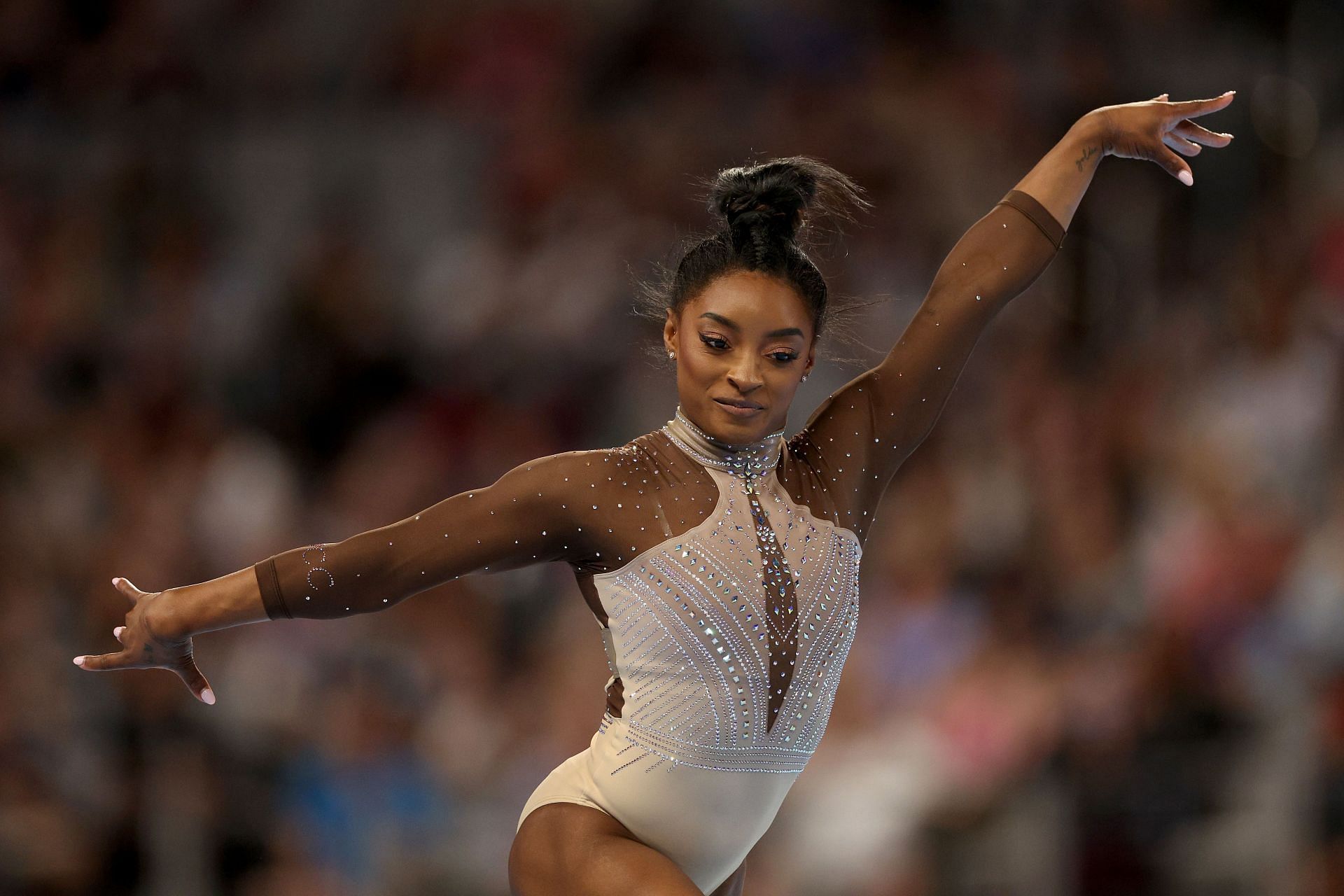 Simone Biles competes in the floor exercise during the 2024 Xfinity U.S. Gymnastics Championships at Dickies Arena on June 02, 2024 in Fort Worth, Texas.