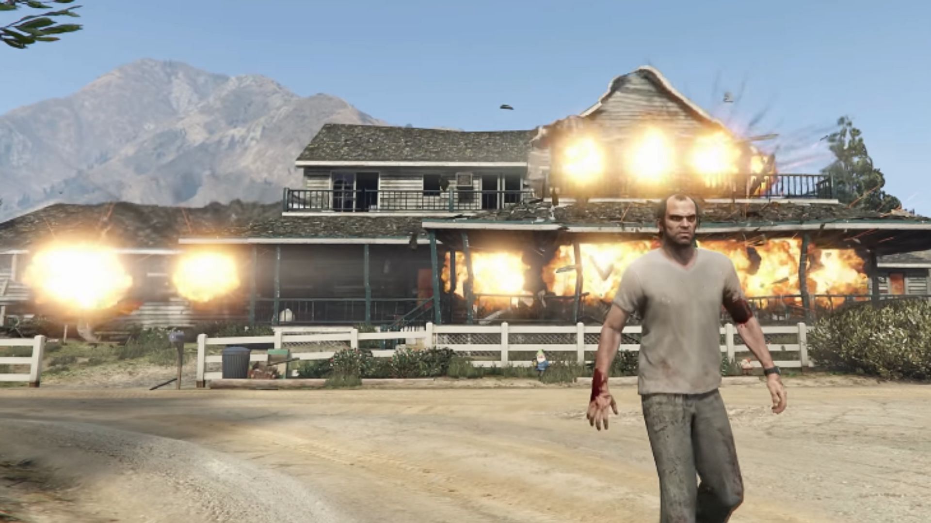 Trevor&#039;s version of the cool guys don&#039;t look at explosions phrase (Image via YouTube/ GTA Series Videos)