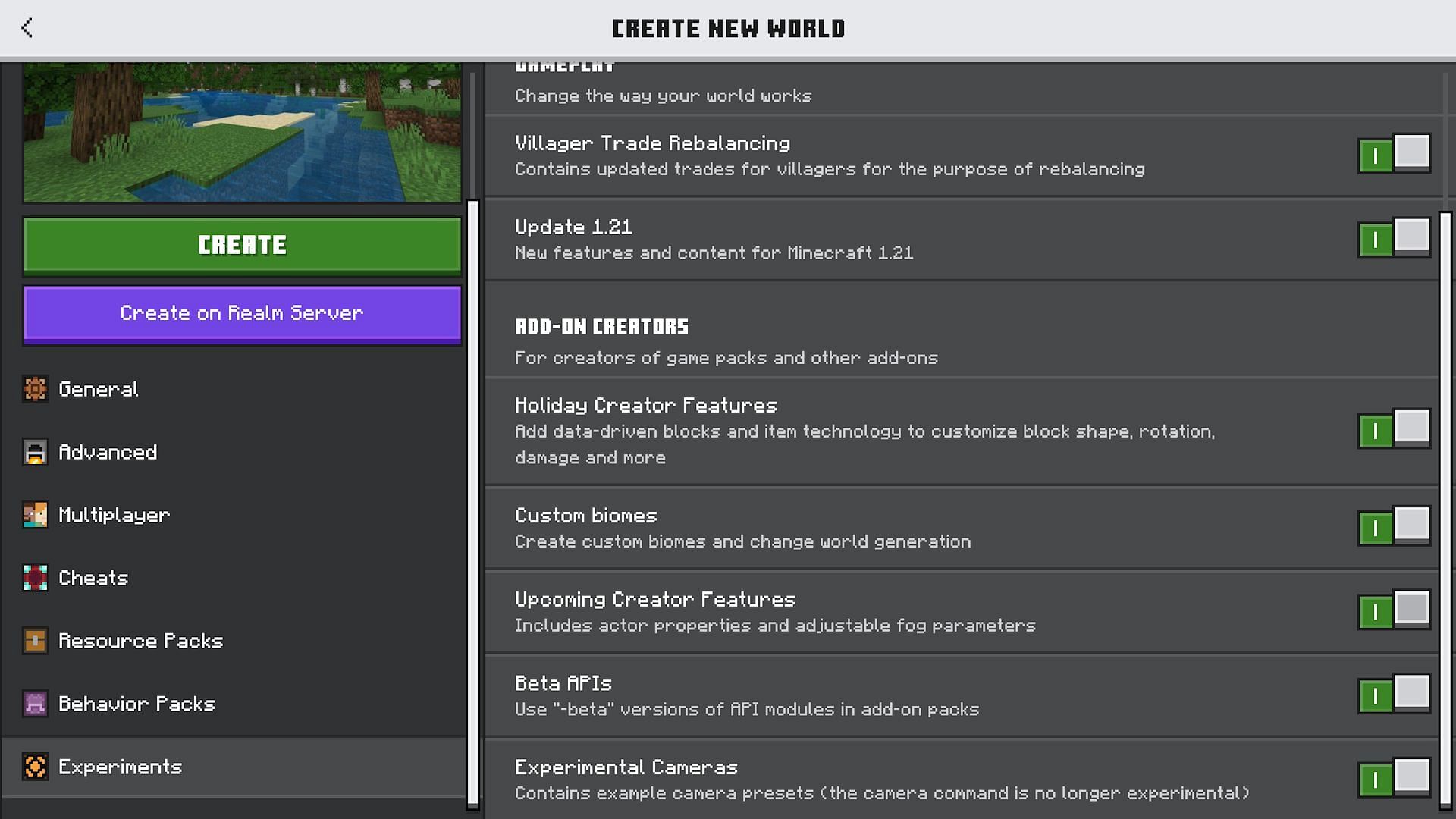 Try to avoid having more experimental toggles flipped than required (Image via Mojang)