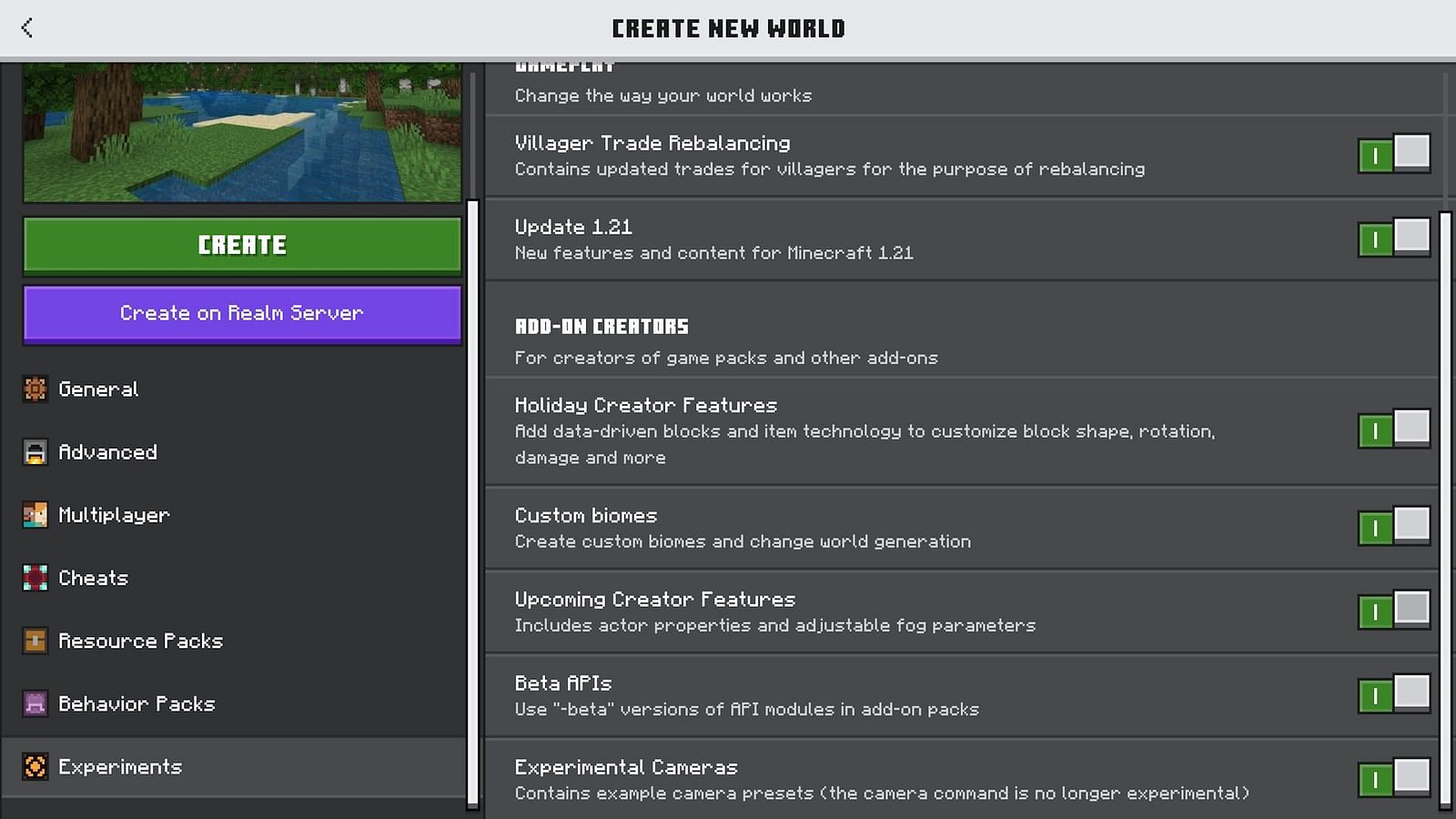 how to enable experimental gameplay minecraft java