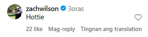 Screenshot of Zach Wilson's one-word comment to Nicolette Dellanno's post