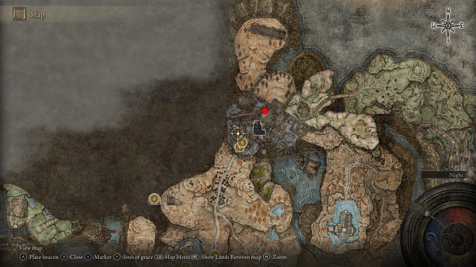 The location of the Golden Lion Shield is marked in red on the map (Image via FromSoftware)