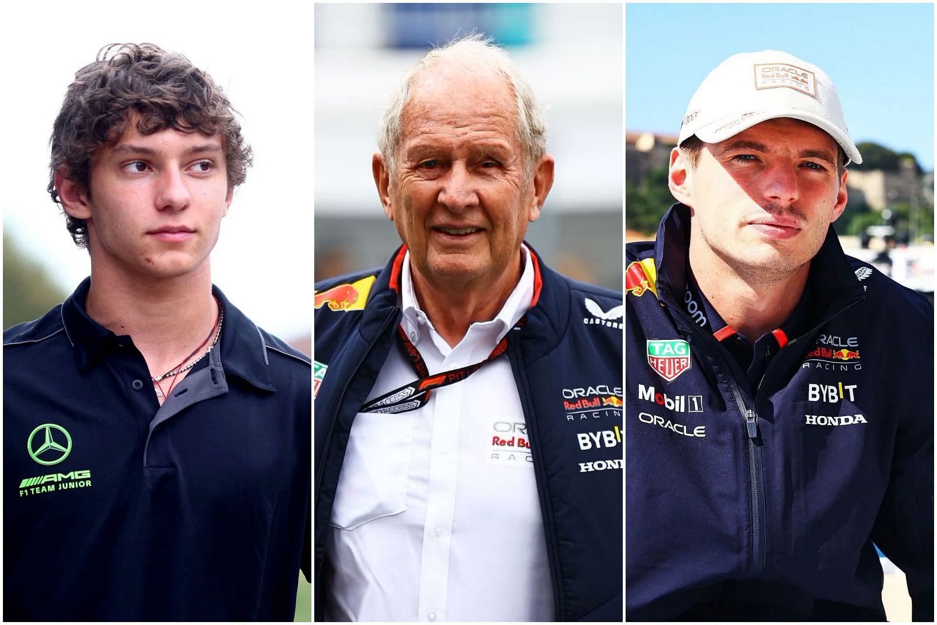 Kimi Antonelli (L), Helmut Marko (C), and Max Verstappen (R) (Collage via Sportskeeda)