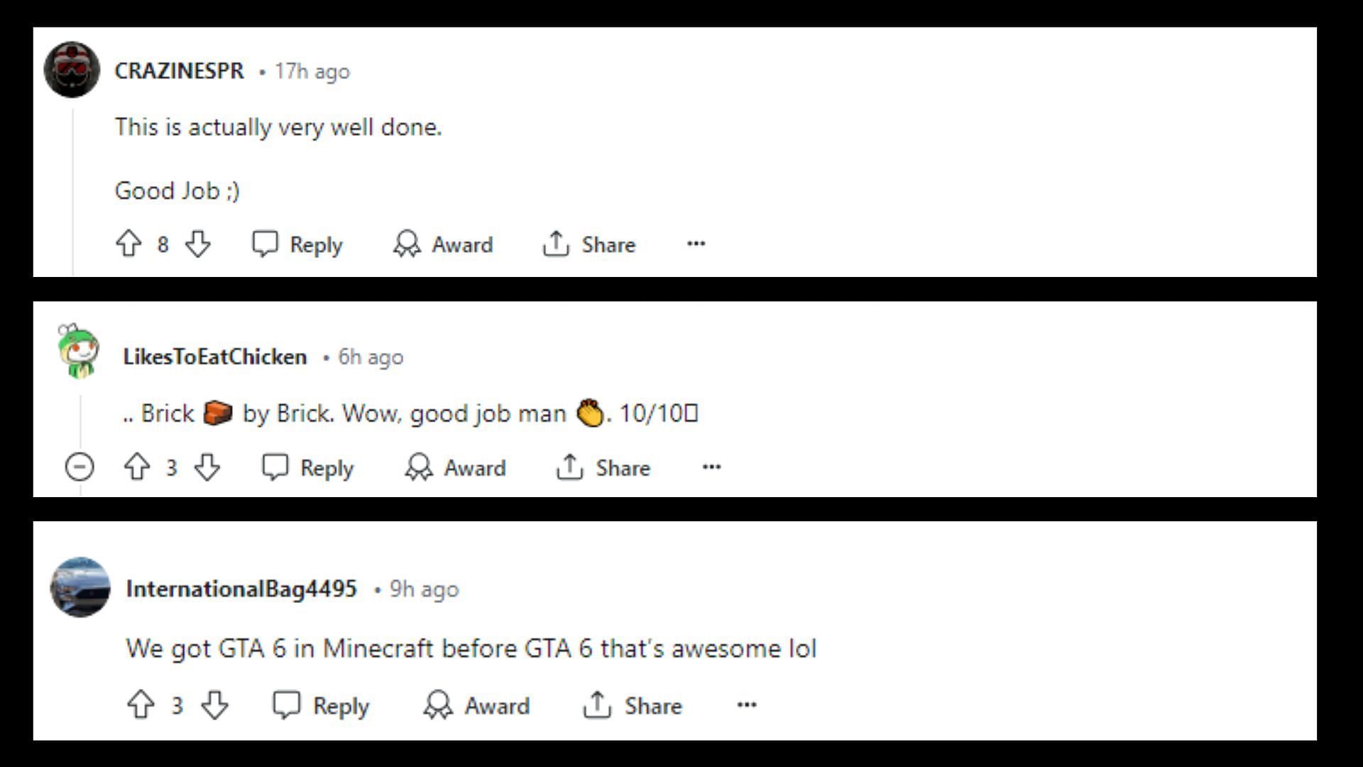 Some fan reactions to the aforementioned GTA 6 trailer scene recreation (Images via Reddit)