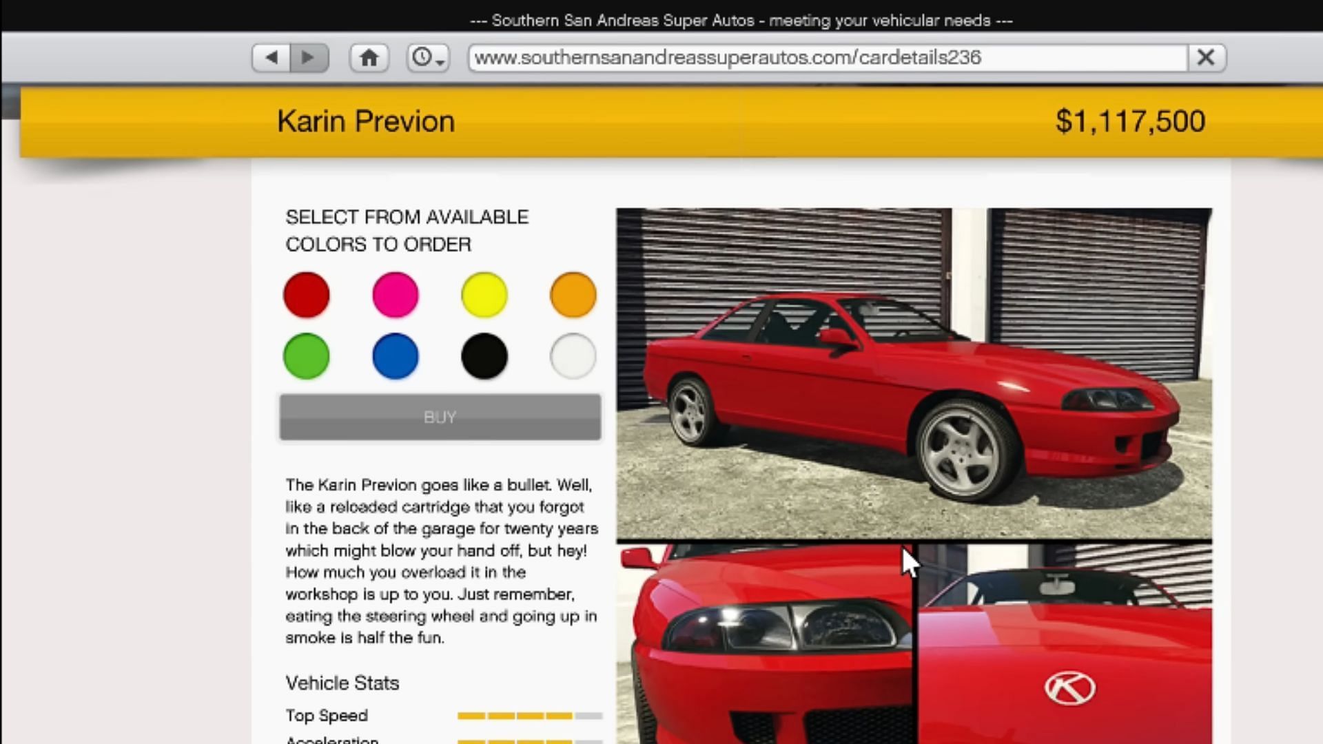 Previon&#039;s page on Southern San Andreas Super Autos (Image via YouTube/Digital Car Addict)