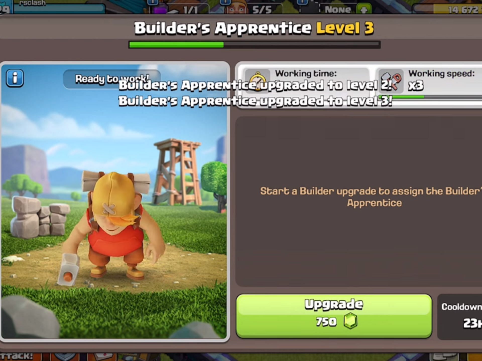 Builder&#039;s Apprentice upgraded to level 3 (Image via Supercell)