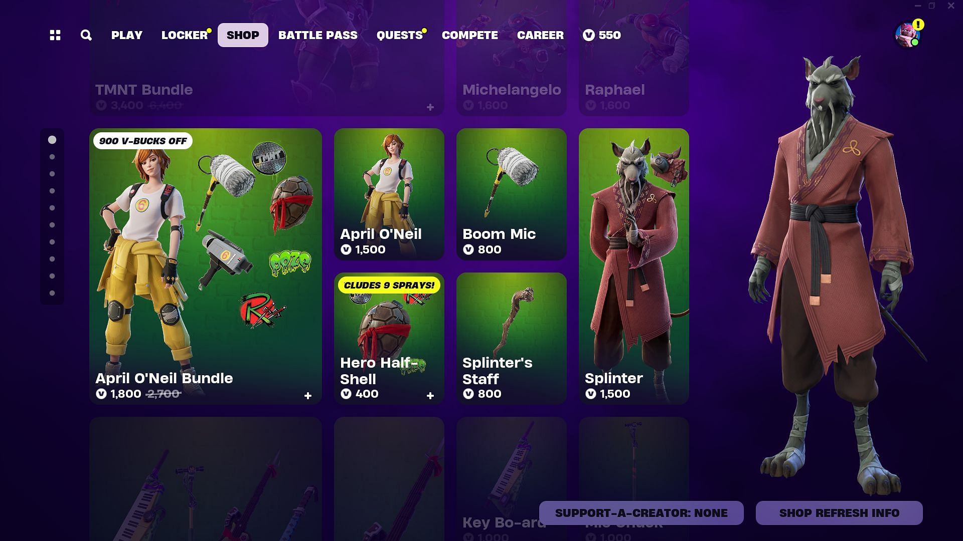 You can now purchase the Splinter skin in Fortnite from the Item Shop (Image via Epic Games)