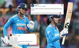 "She was about to break record of Babar Azam"- Fans react as Smriti Mandhana falls 10 runs short of 3rd consecutive century in INDW vs SAW ODI series