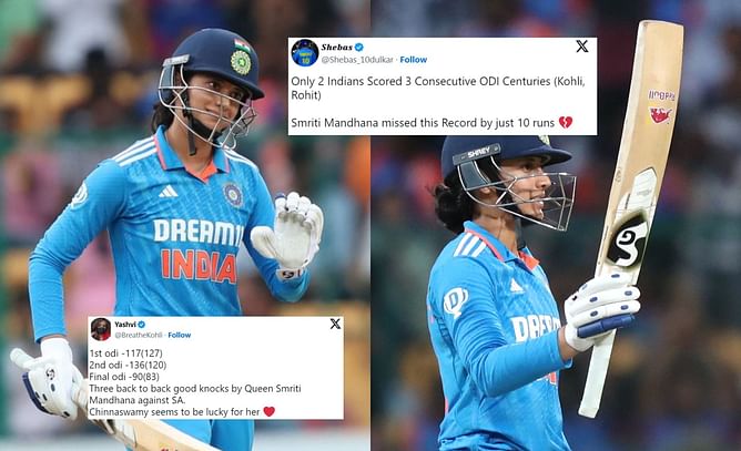 "She was about to break record of Babar Azam"- Fans react as Smriti Mandhana falls 10 runs short of 3rd consecutive century in INDW vs SAW ODI series
