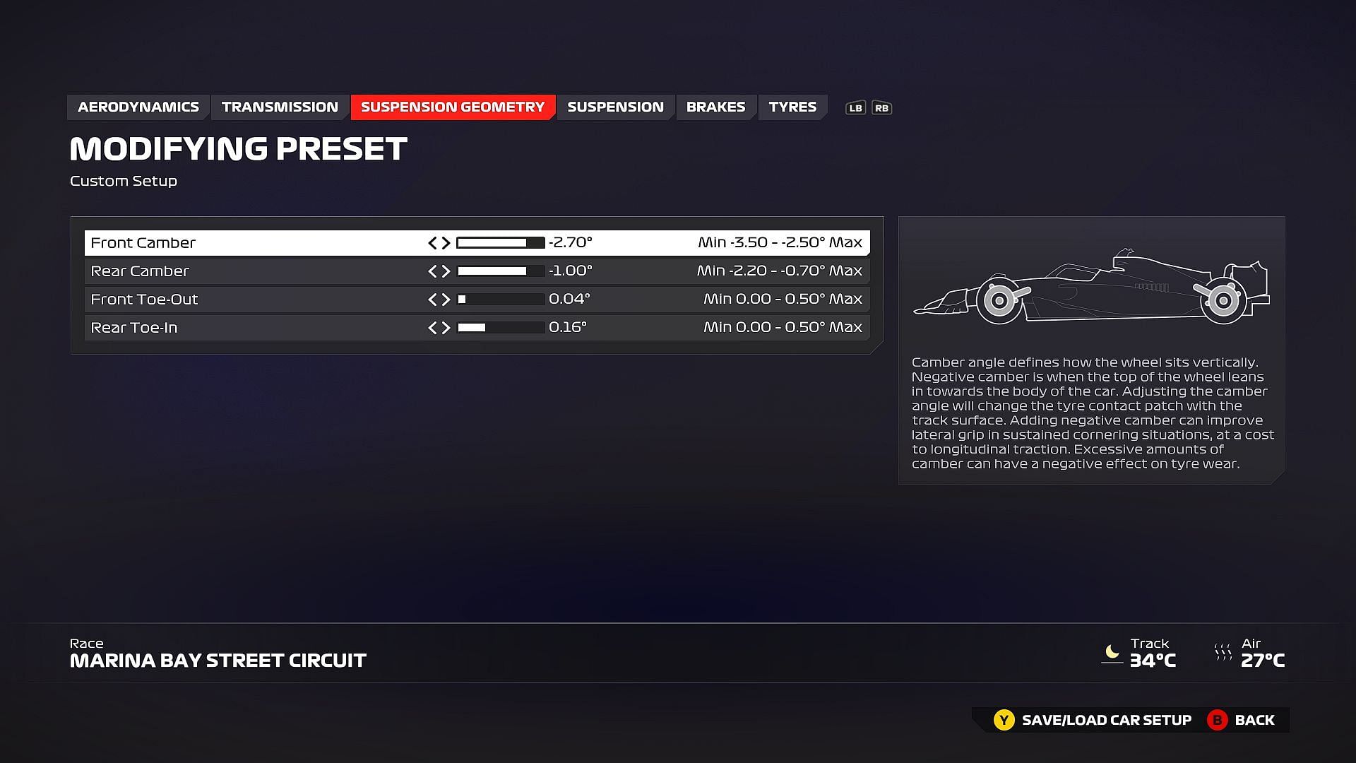 Best F1 24 recommended Suspension Geometry setting for Marina Bay Circuit in Singapore (Image via EA Sports)