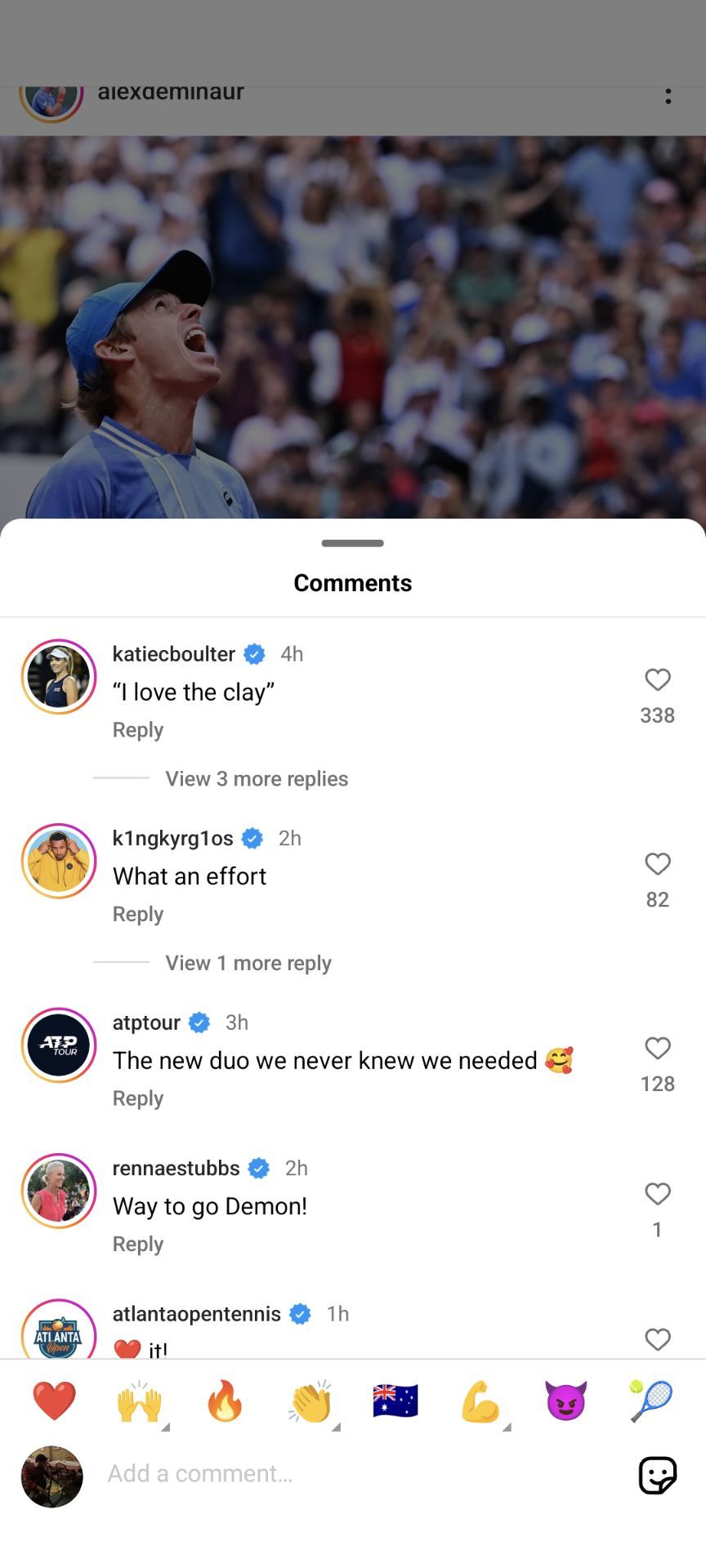 Katie Boulter&#039;s comment on Alex de Minaur&#039;s post. (Credits: Instagram @alexdeminaur)