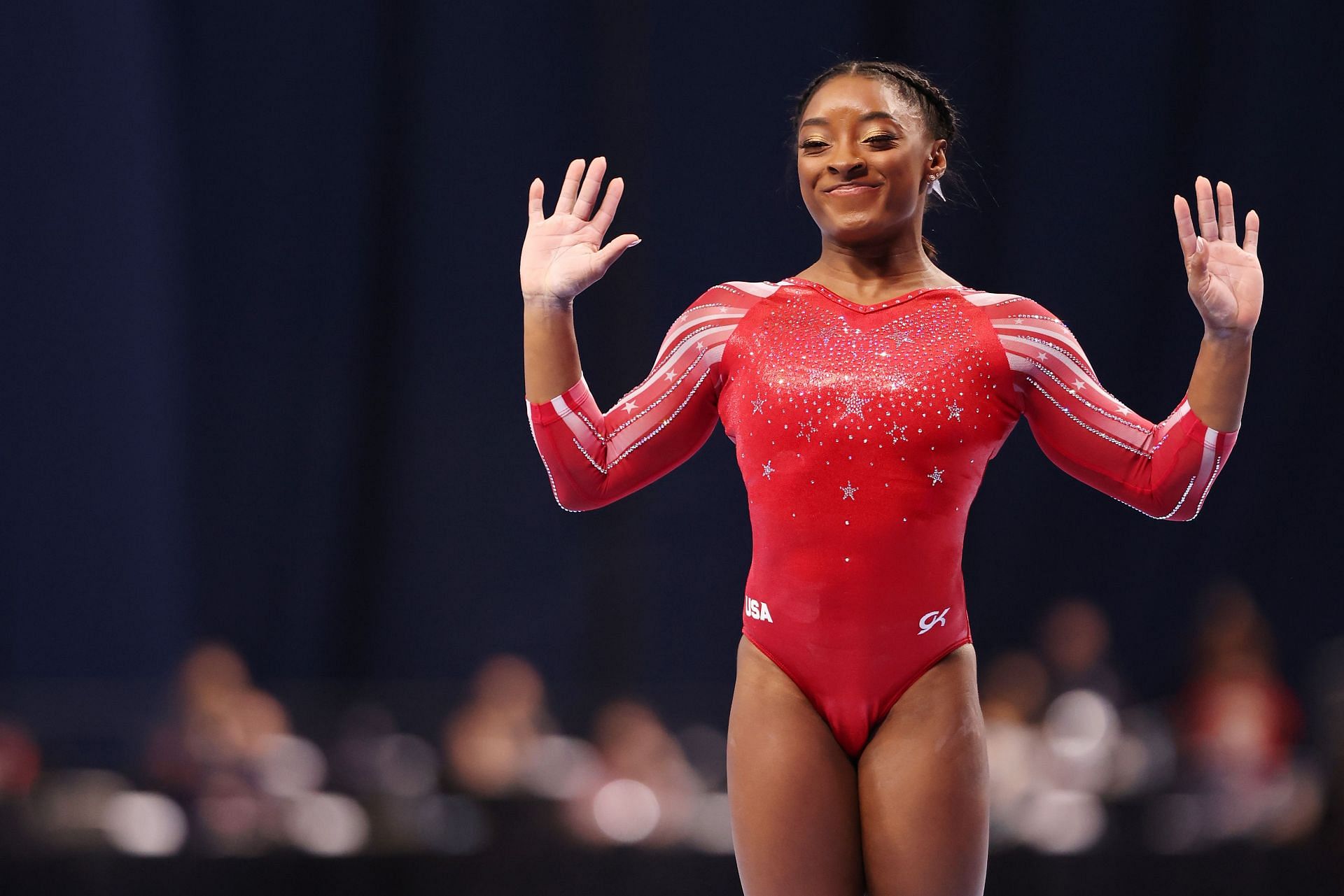 Simone Biles competes in the floor exercise during the Women&#039;s competition of the 2021 U.S. Gymnastics Olympic Trials at America&rsquo;s Center on June 27, 2021 in St Louis, Missouri. (Photo by Jamie Squire/Getty Images)
